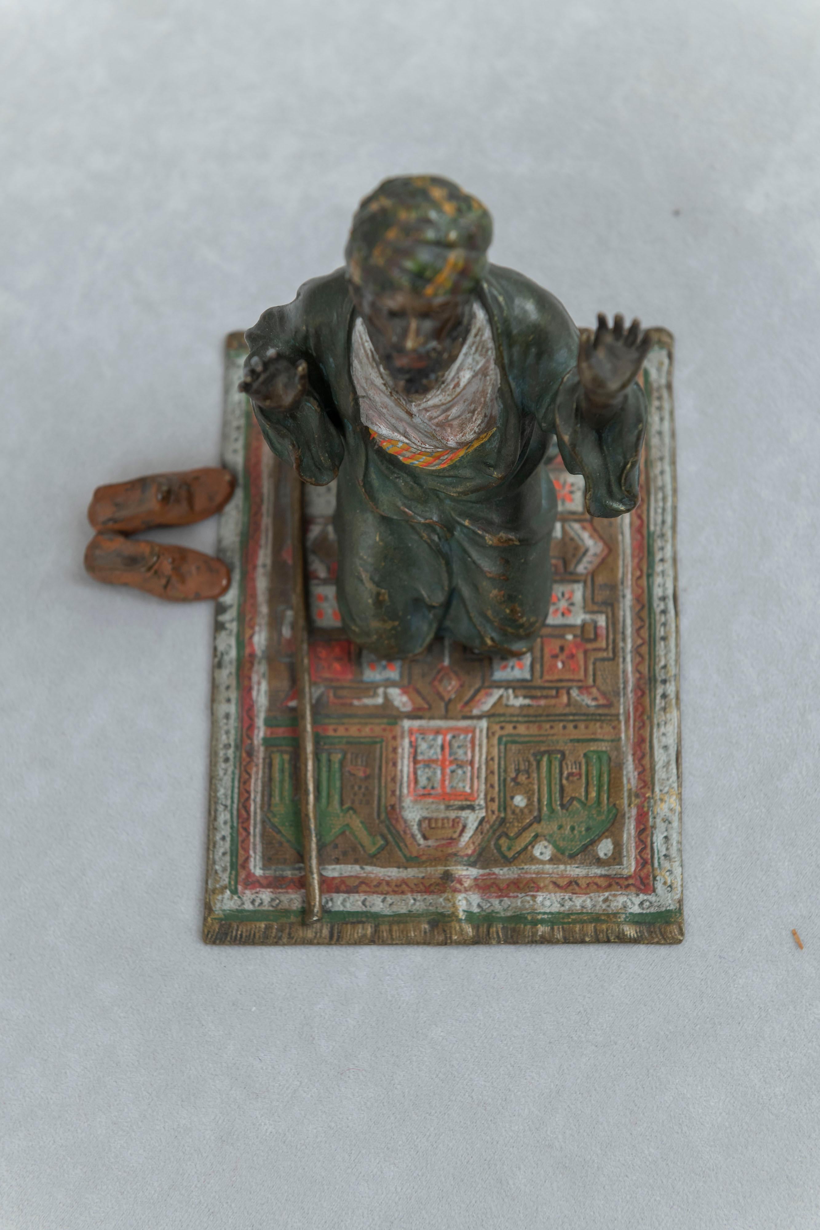 Austrian Cold Painted Vienna Bronze Orientalist Man on Prayer Rug, Bergmann Foundry