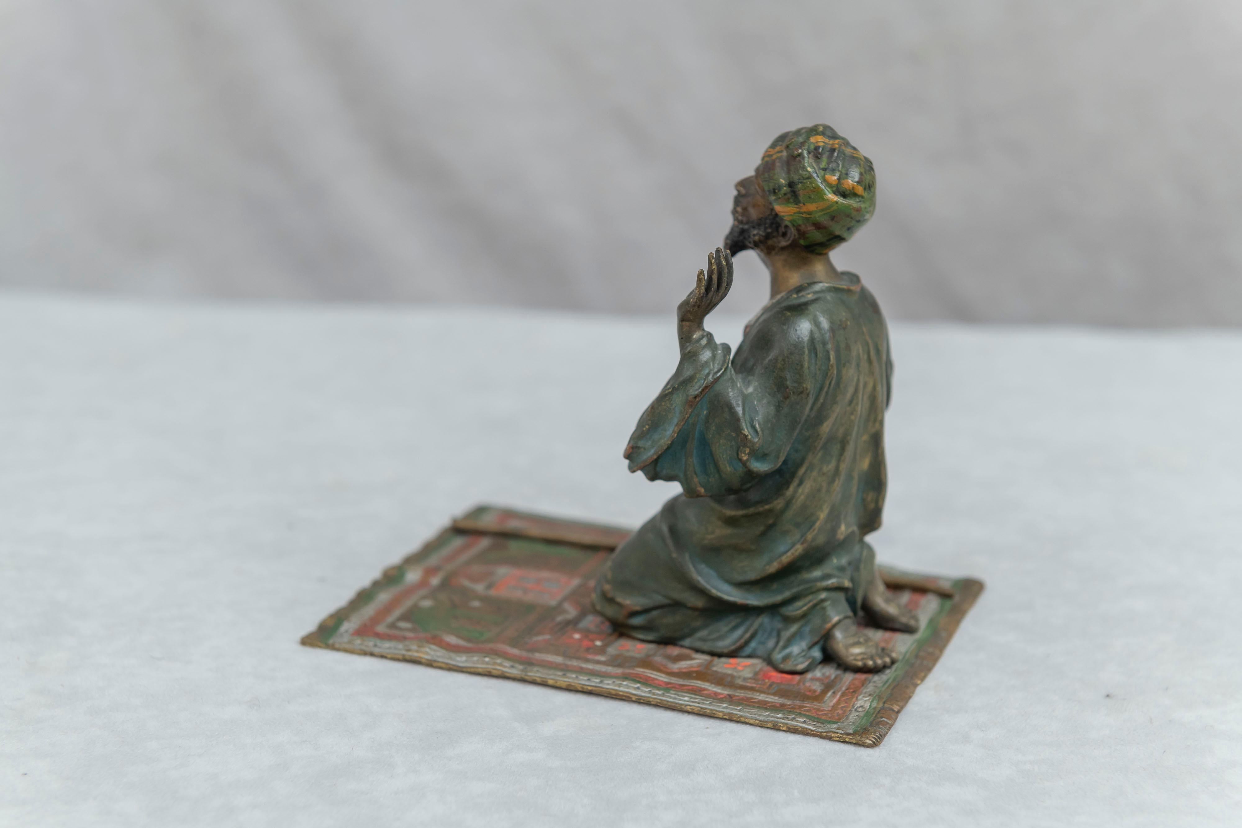 Cold-Painted Cold Painted Vienna Bronze Orientalist Man on Prayer Rug, Bergmann Foundry