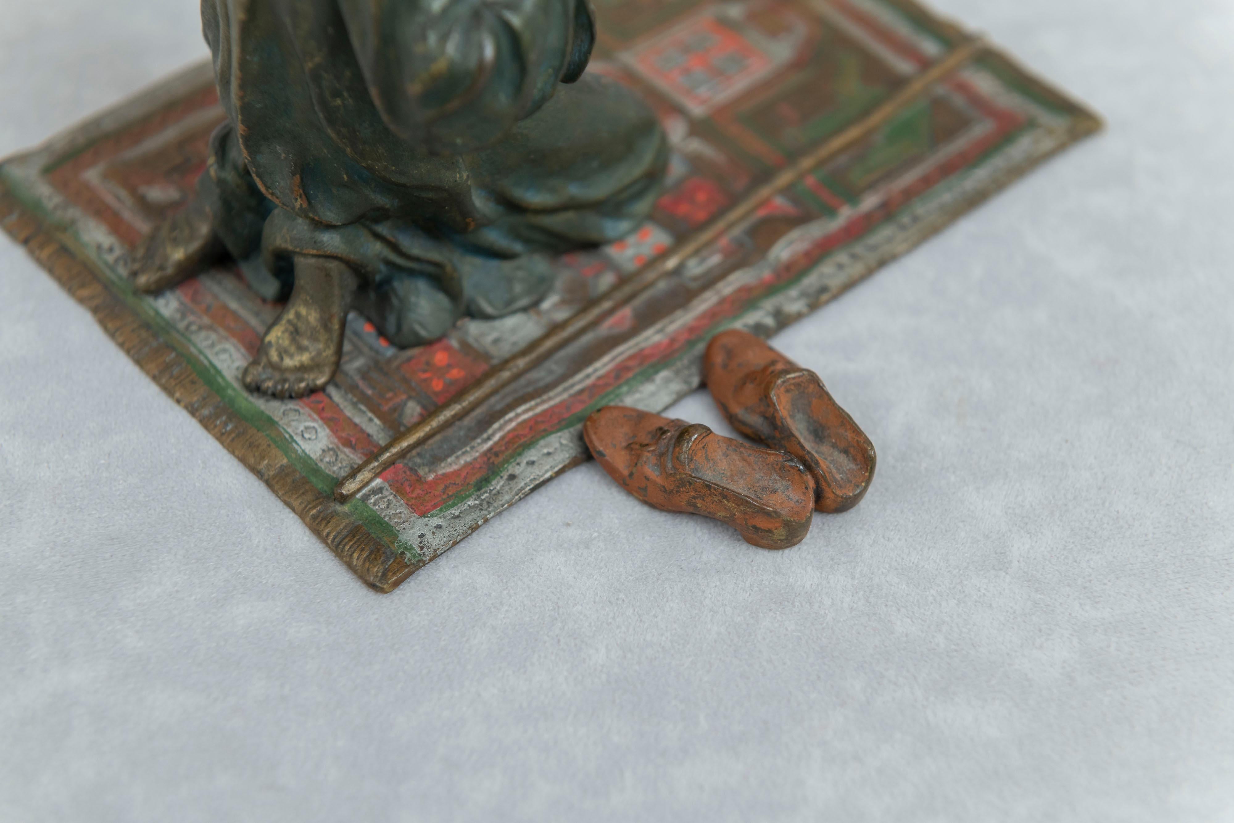 20th Century Cold Painted Vienna Bronze Orientalist Man on Prayer Rug, Bergmann Foundry