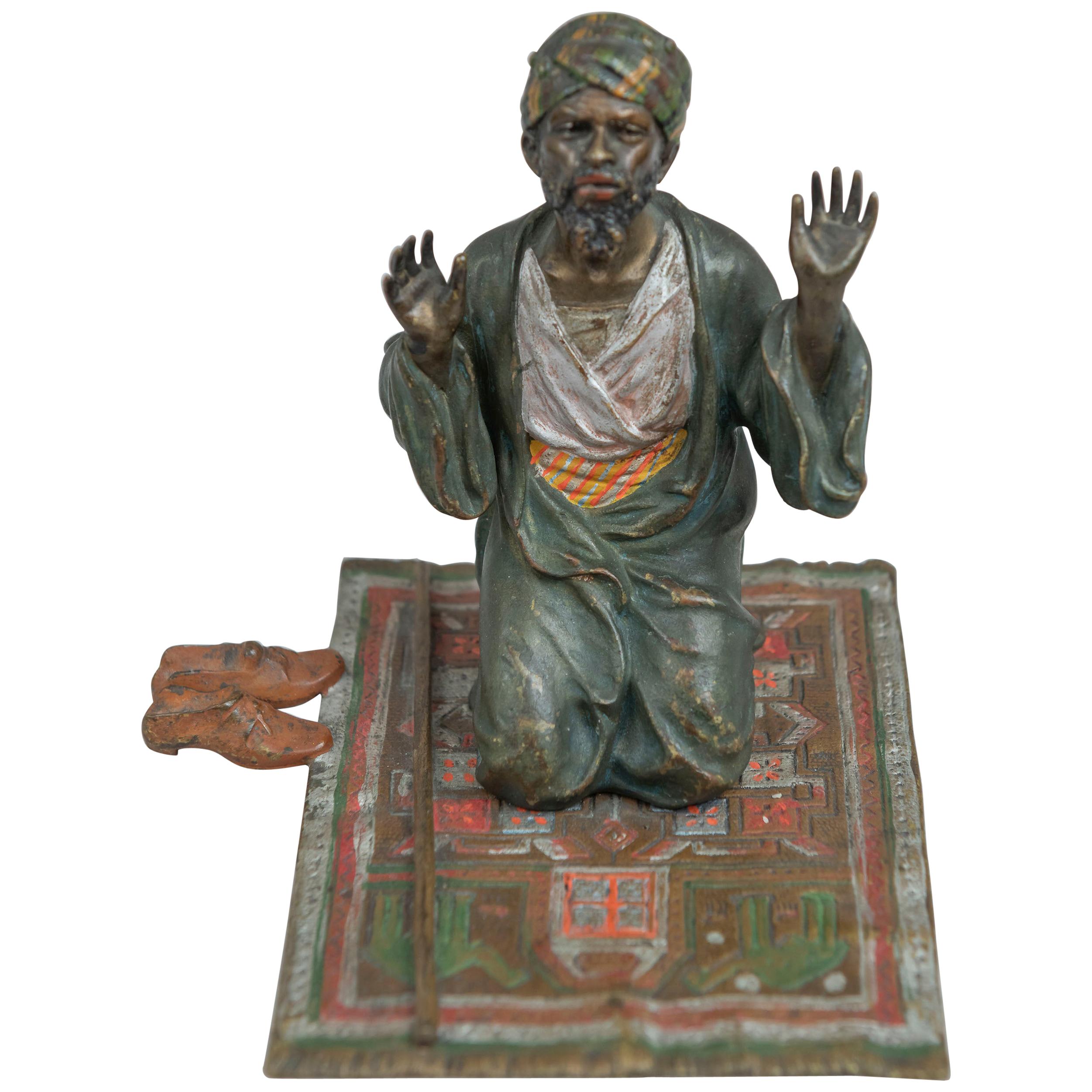 Cold Painted Vienna Bronze Orientalist Man on Prayer Rug, Bergmann Foundry