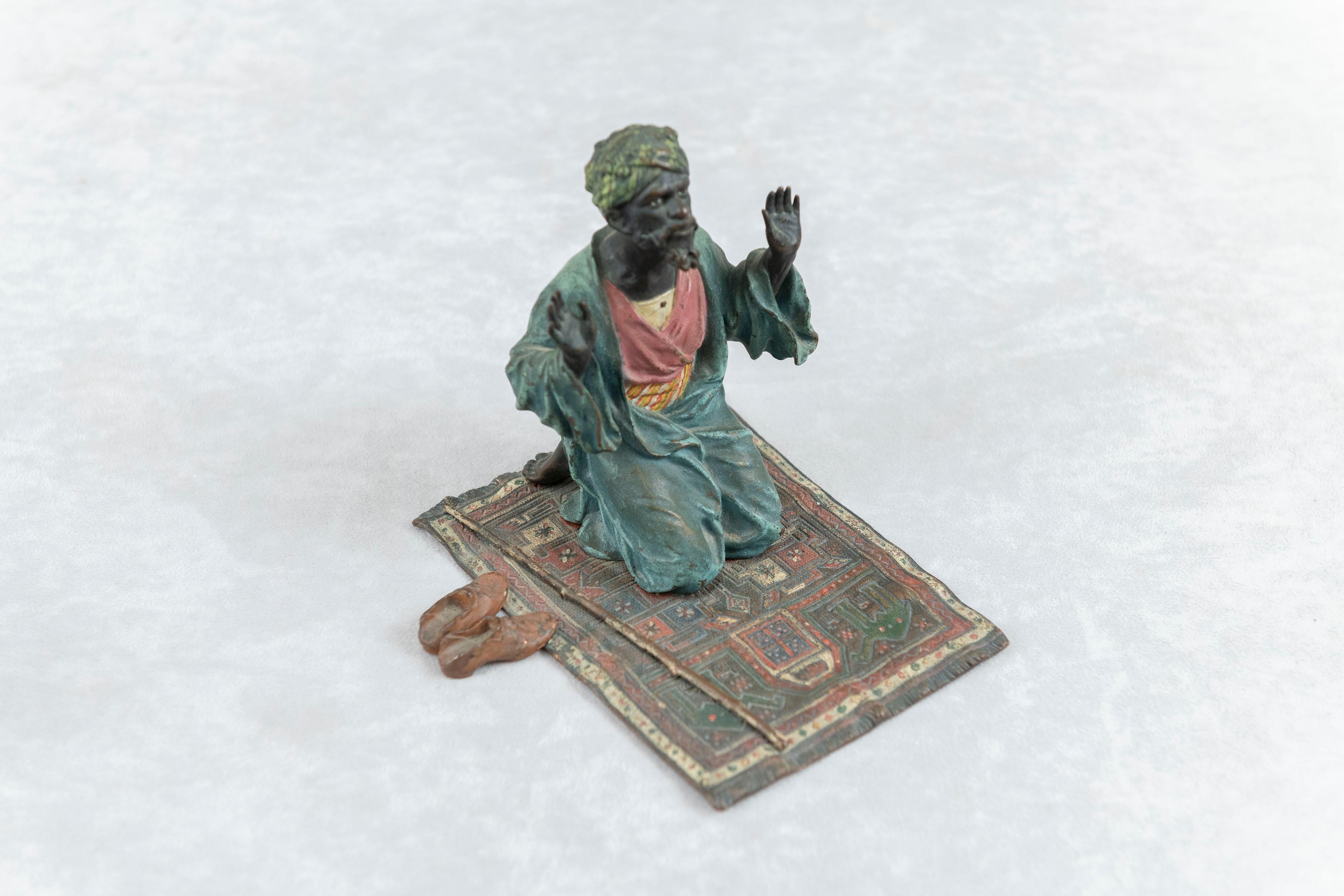 Other Cold Painted Vienna Bronze Orientalist Man Praying on Persian Rug, by Bergmann For Sale
