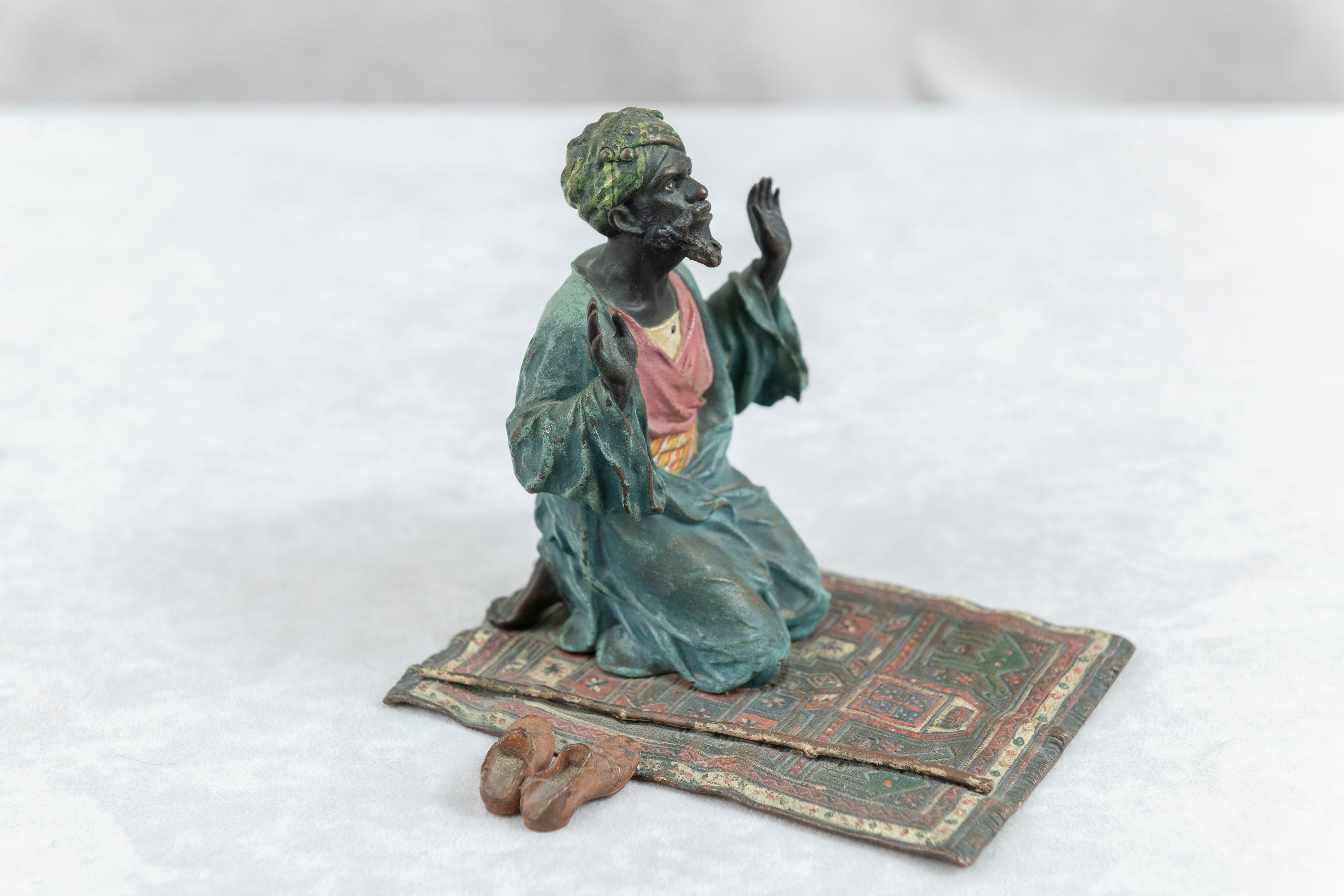Cold Painted Vienna Bronze Orientalist Man Praying on Persian Rug, by Bergmann For Sale 1