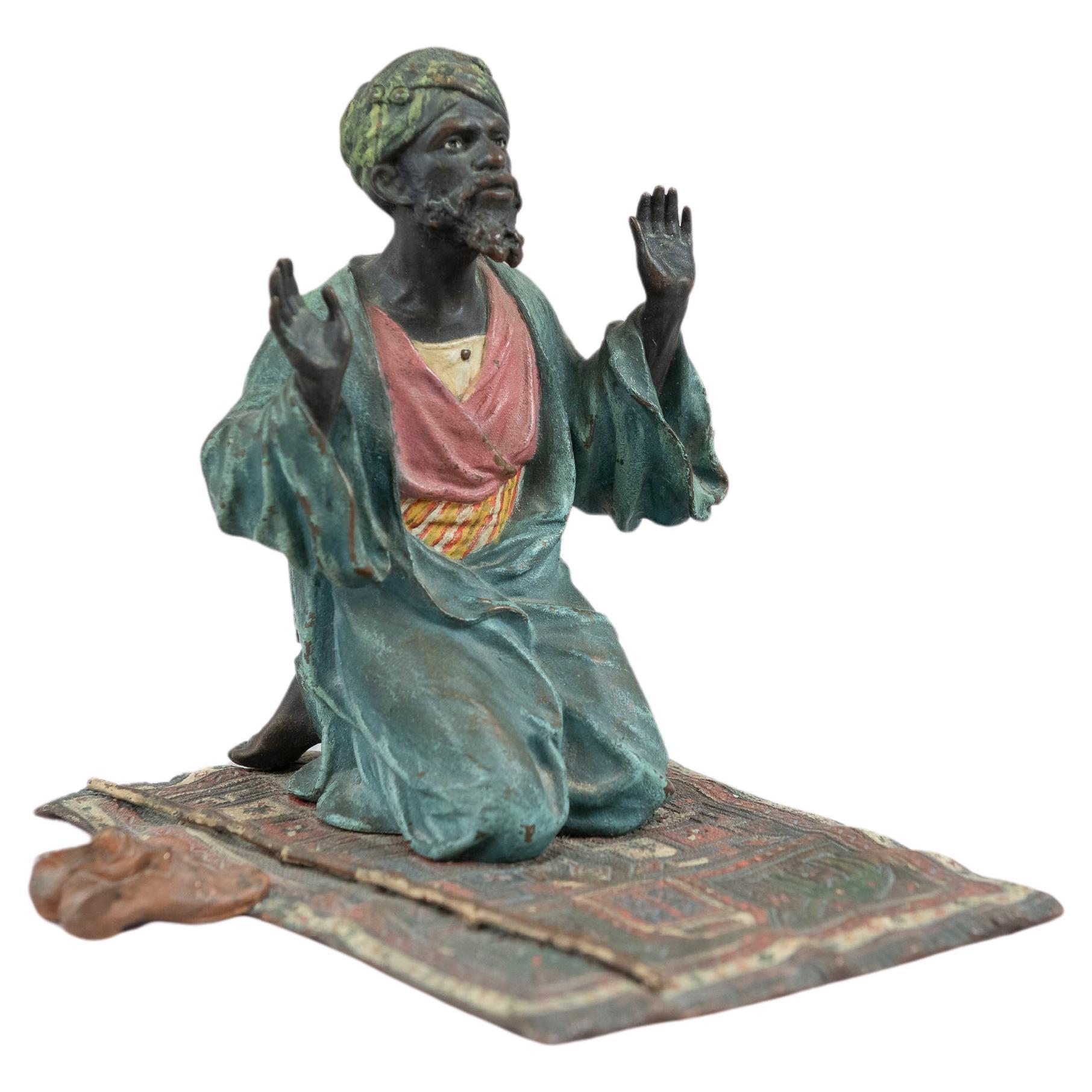 Cold Painted Vienna Bronze Orientalist Man Praying on Persian Rug, by Bergmann For Sale