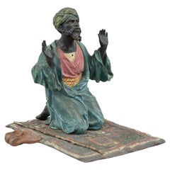 Antique Cold Painted Vienna Bronze Orientalist Man Praying on Persian Rug, by Bergmann