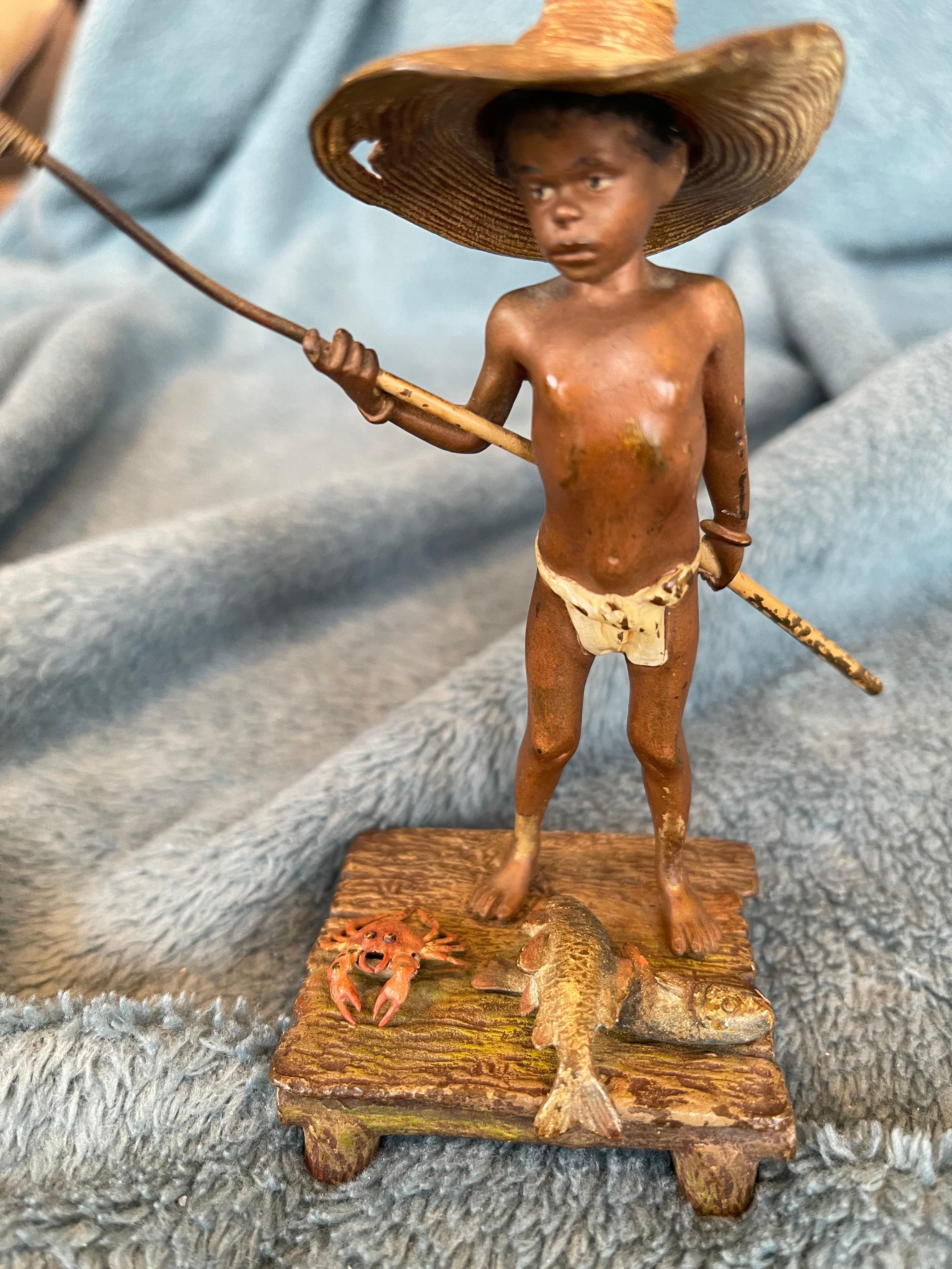   We just bought a large collection of Orientalist sculpture by the Bergmann Foundry, while unsigned, we guarantee it is his work. This may be the cutest, most fun piece of this rather nice large collection. The young boy is standing on a wooden