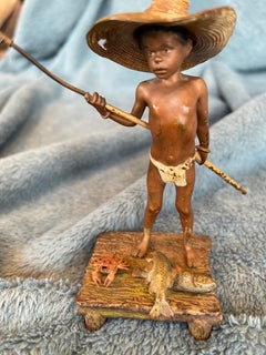 Cold Painted Vienna Bronze, Young Boy Fisherman, attr. Bergmann Foundry ca. 1900