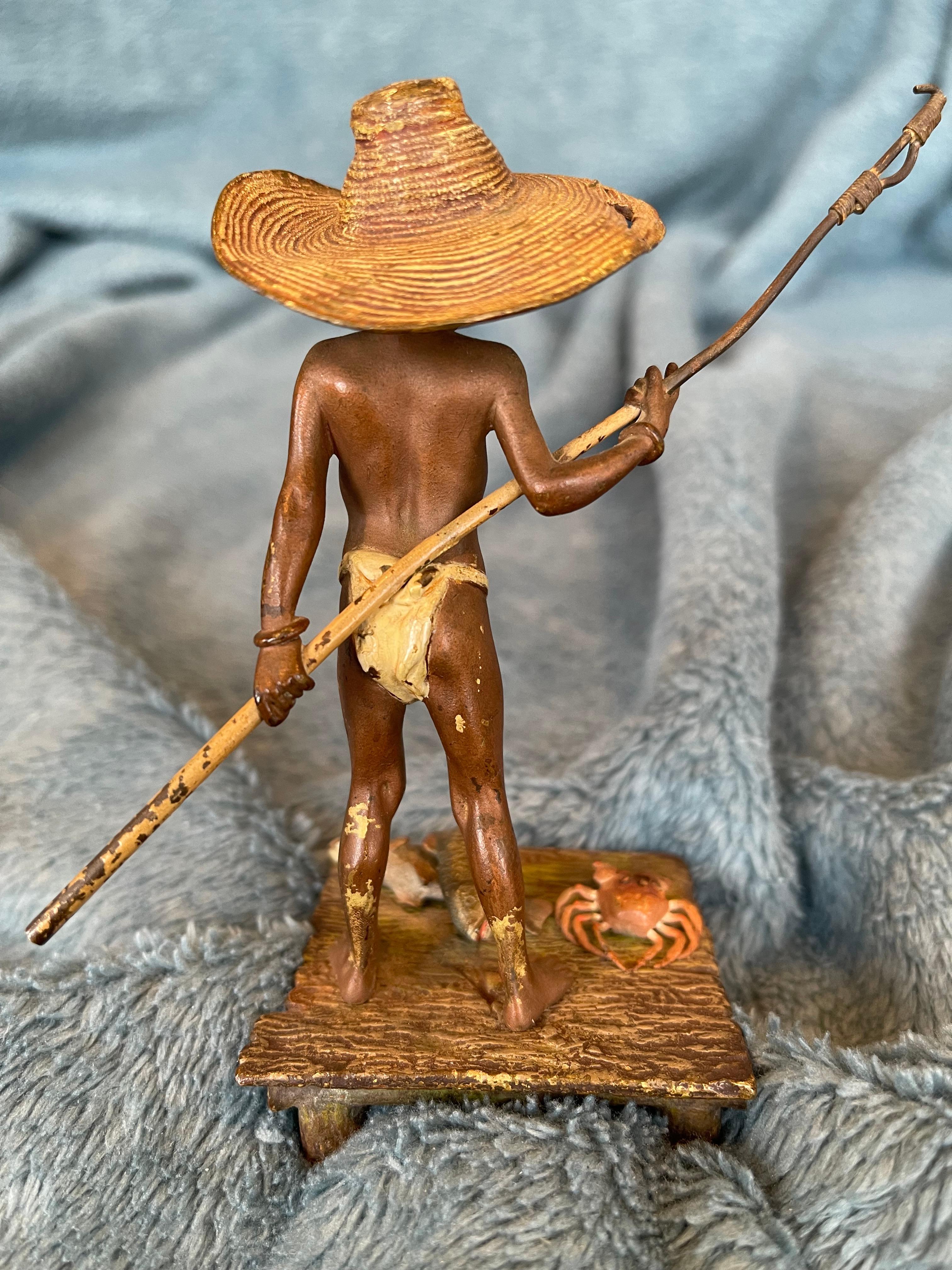 Autre Bronze de Vienne peint à froid, jeune garçon pêcheur, attr. Bergmann Foundry vers 1900 en vente