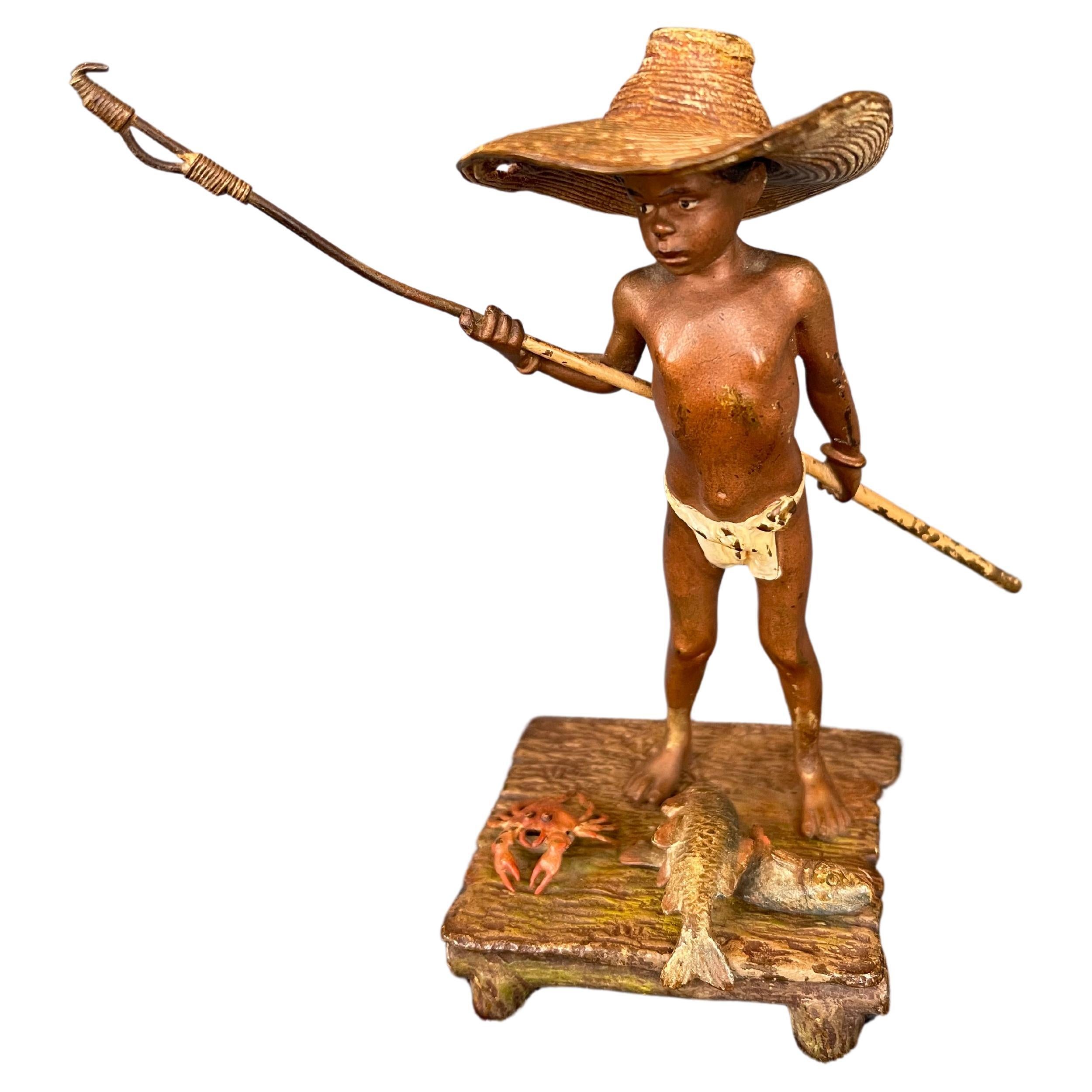 Cold Painted Vienna Bronze, Young Boy Fisherman, attr. Bergmann Foundry ca. 1900 For Sale