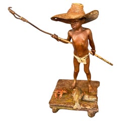 Cold Painted Vienna Bronze, Young Boy Fisherman, attr. Bergmann Foundry ca. 1900