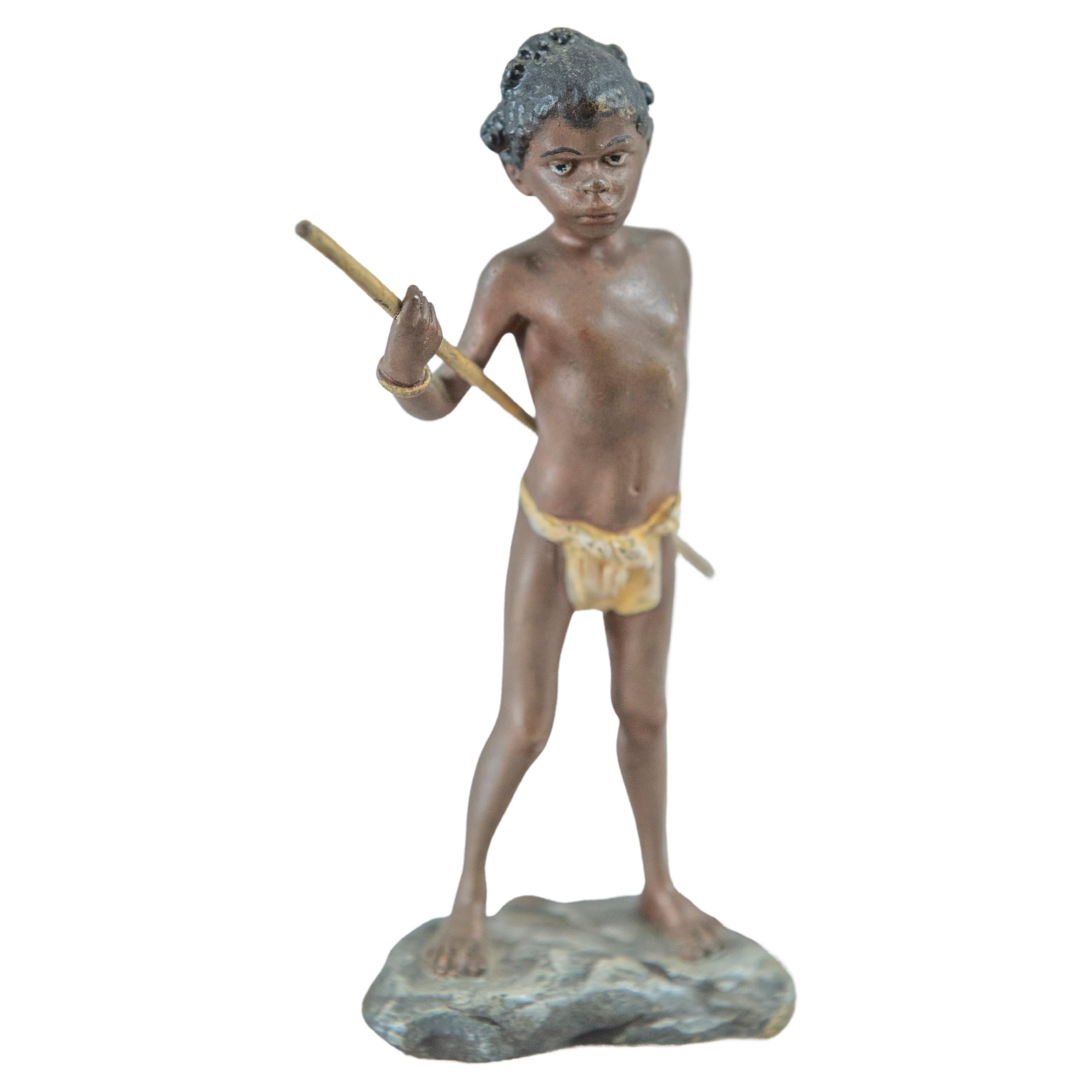 Cold Painted Vienna Bronze Young Boy, Signed Bergmann Foundry, ca. 1900 For Sale