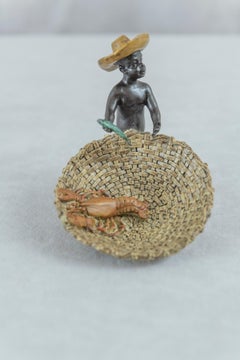 Cold Painted Vienna Bronze, Bergmann Foundry, Young Boy w/Basket & Big Lobster