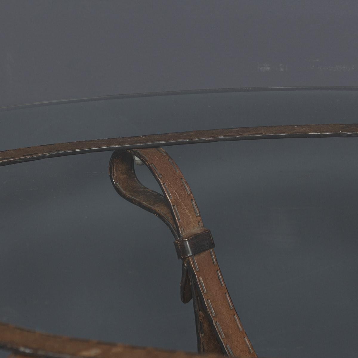 Cold Painted Wrought Iron Strap & Stitch, Glass Top Coffee Table c.1980 For Sale 7