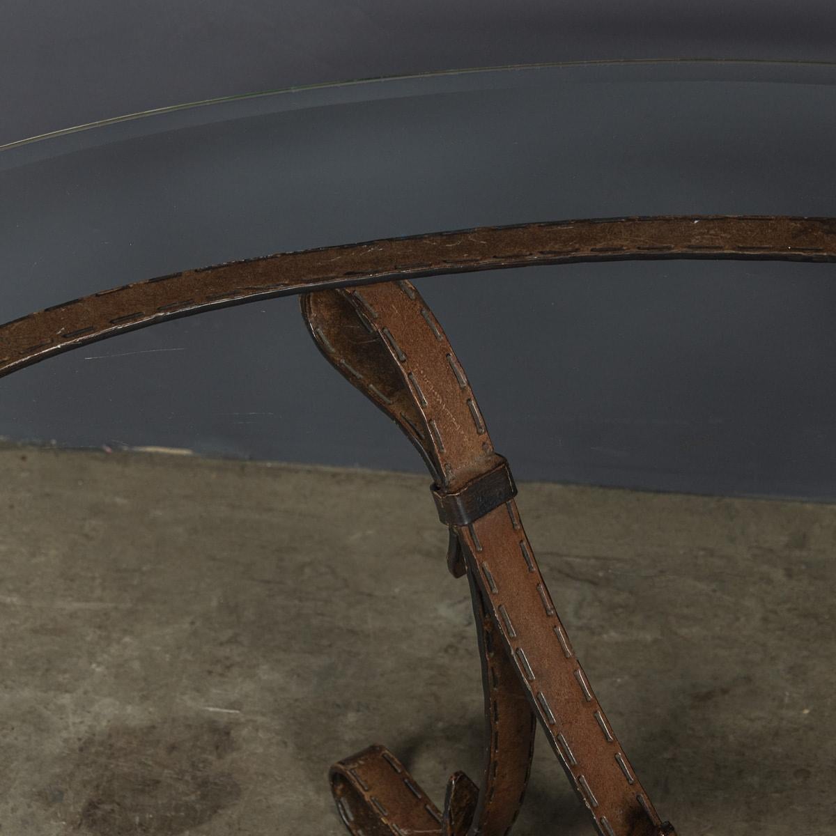 Cold Painted Wrought Iron Strap & Stitch, Glass Top Coffee Table c.1980 For Sale 11