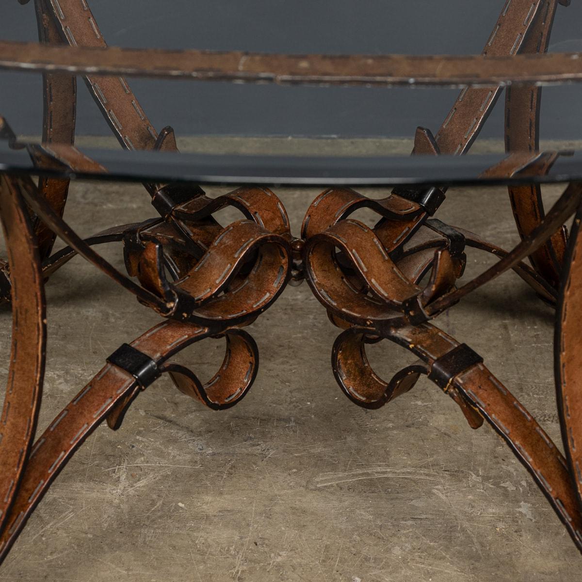 Cold Painted Wrought Iron Strap & Stitch, Glass Top Coffee Table c.1980 For Sale 12