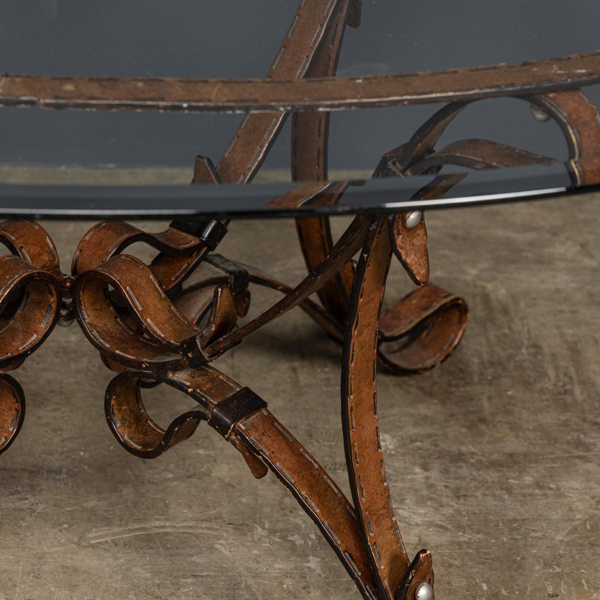 Cold Painted Wrought Iron Strap & Stitch, Glass Top Coffee Table c.1980 For Sale 13