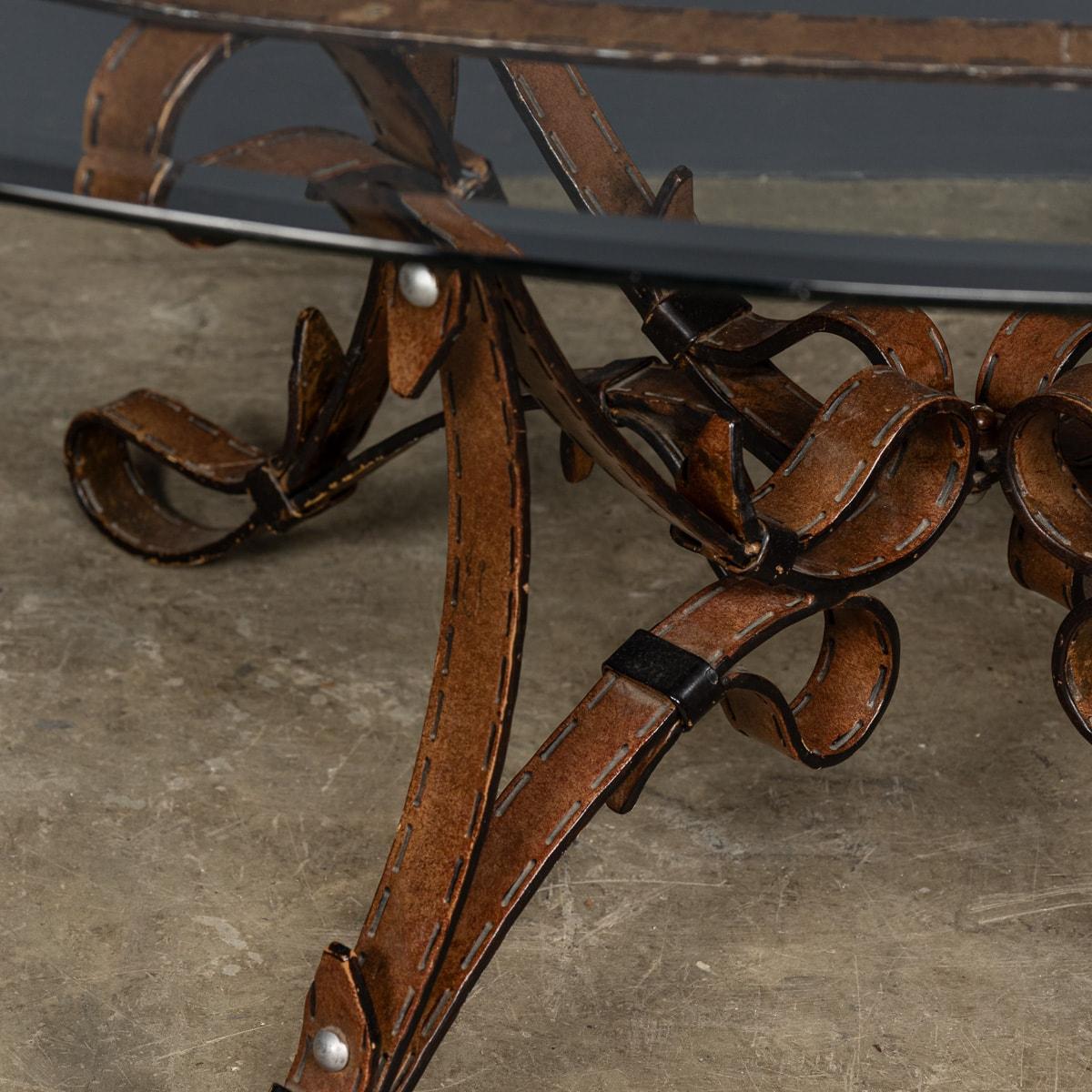 Cold Painted Wrought Iron Strap & Stitch, Glass Top Coffee Table c.1980 In Good Condition For Sale In Royal Tunbridge Wells, Kent