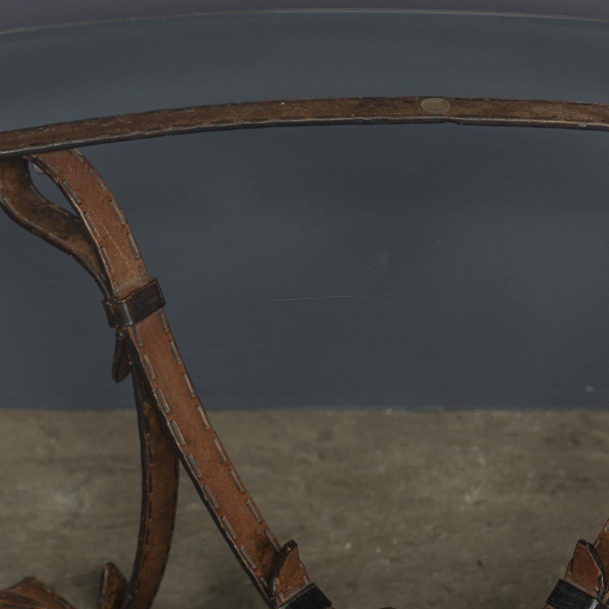 Metal Cold Painted Wrought Iron Strap & Stitch, Glass Top Coffee Table c.1980 For Sale