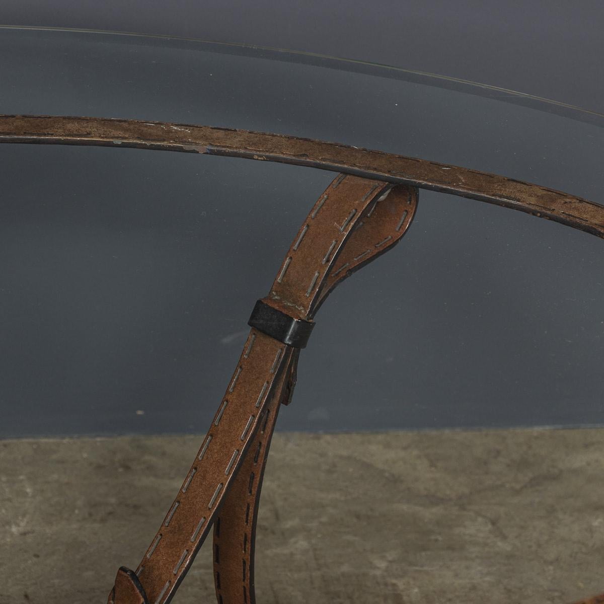 Cold Painted Wrought Iron Strap & Stitch, Glass Top Coffee Table c.1980 For Sale 2