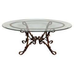 Used Cold Painted Wrought Iron Strap & Stitch, Glass Top Coffee Table c.1980