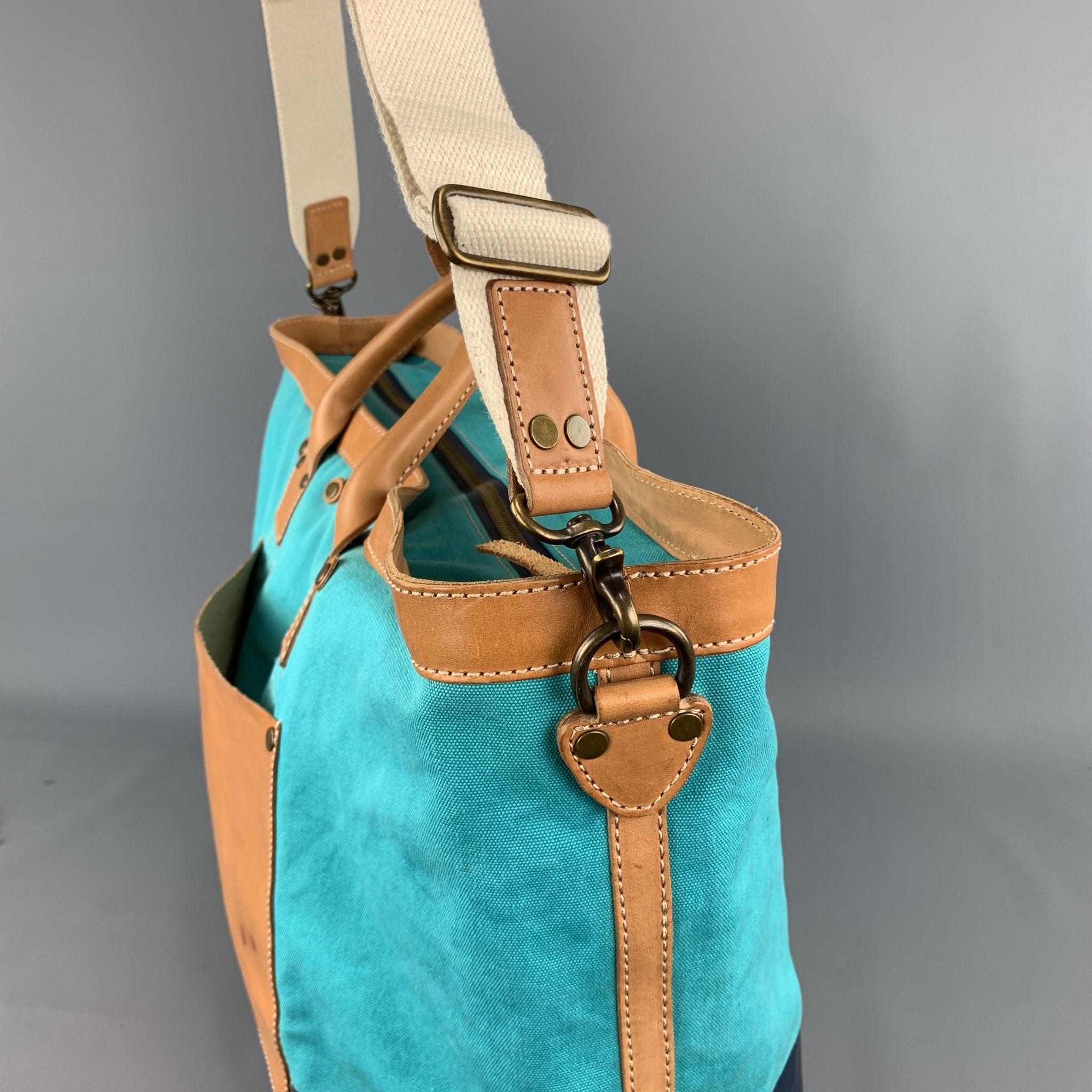 COLE HAAN Aqua & Navy Canvas Leather Two Tone Tote Bag 3