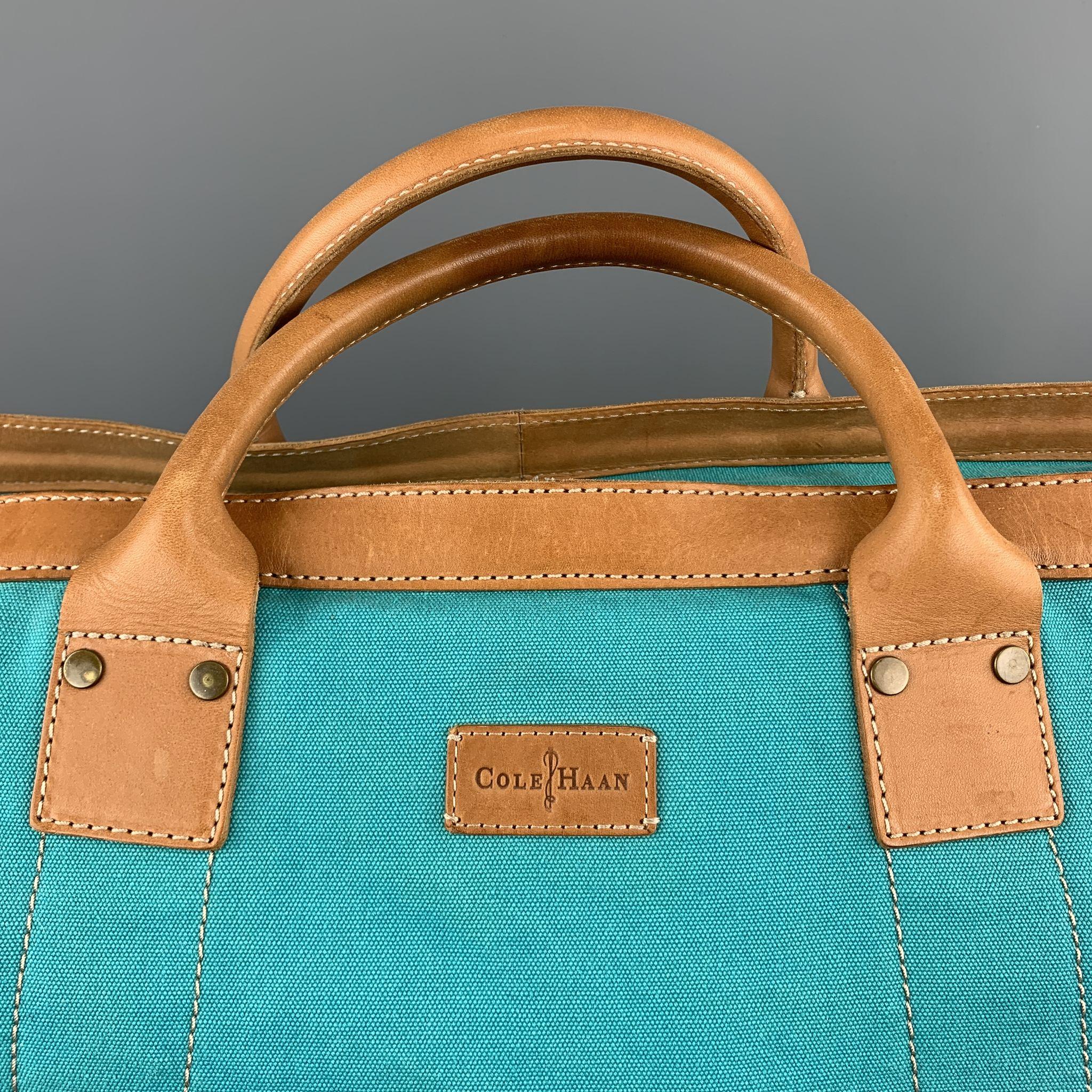 COLE HAAN Aqua & Navy Canvas Leather Two Tone Tote Bag 4