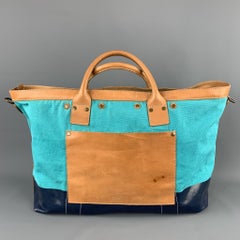 COLE HAAN Aqua & Navy Canvas Leather Two Tone Tote Bag