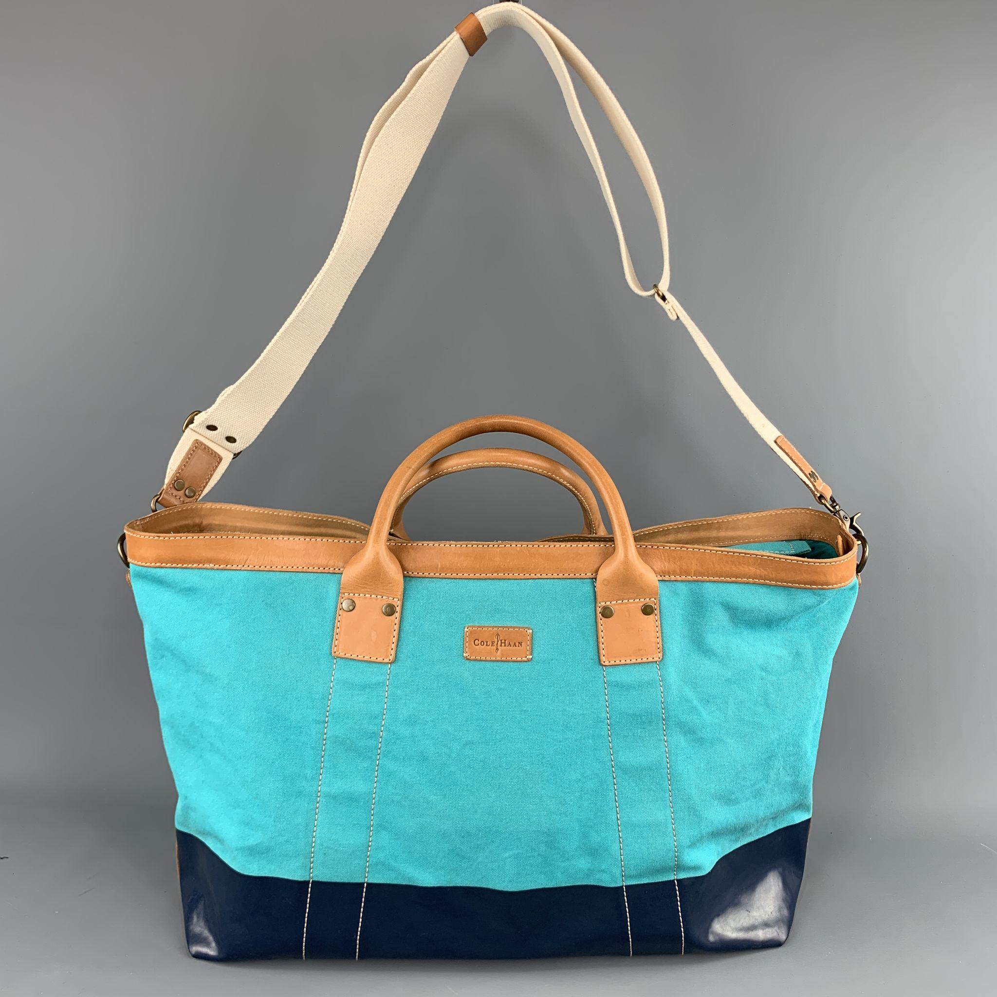 COLE HAAN Aqua & Navy Canvas Leather Two Tone Tote Bag 1