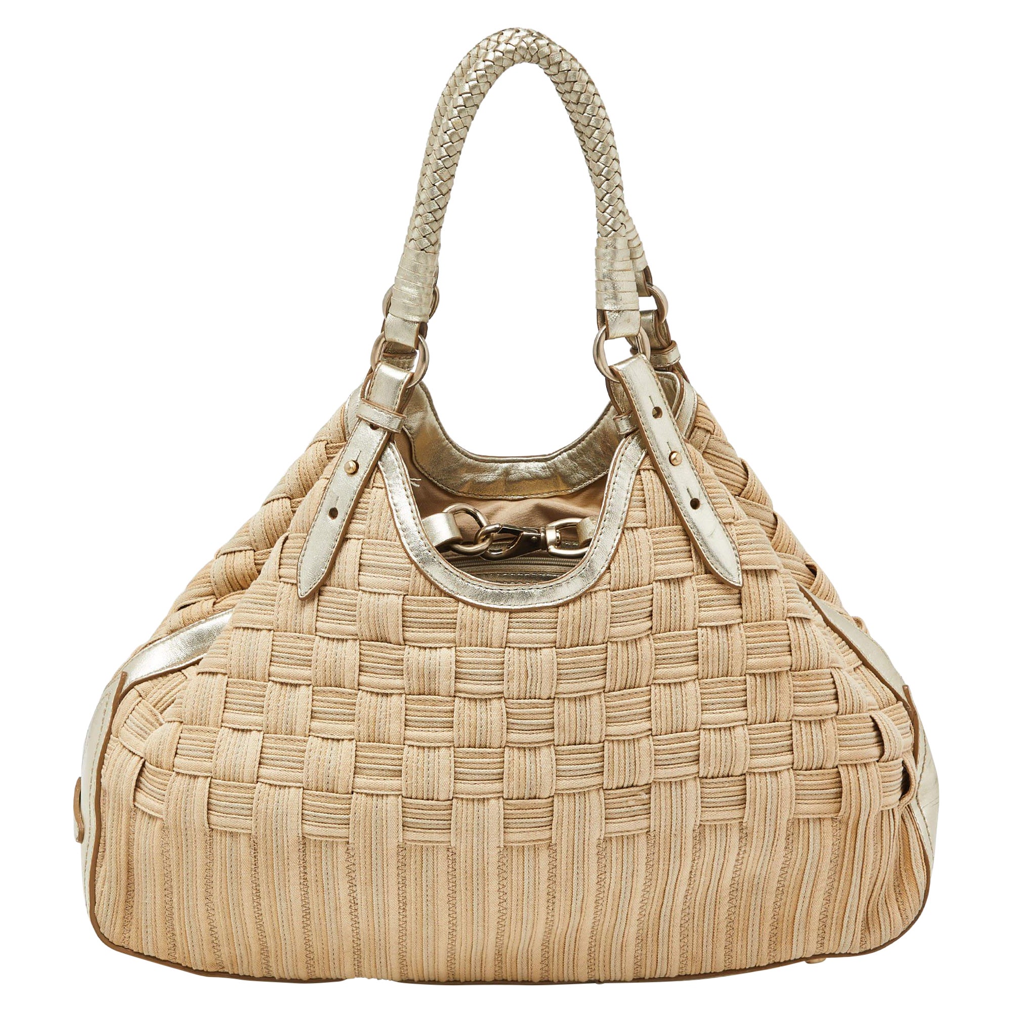 Cole Haan Beige/Oro: borsa in tela intrecciata e pelle in vendita