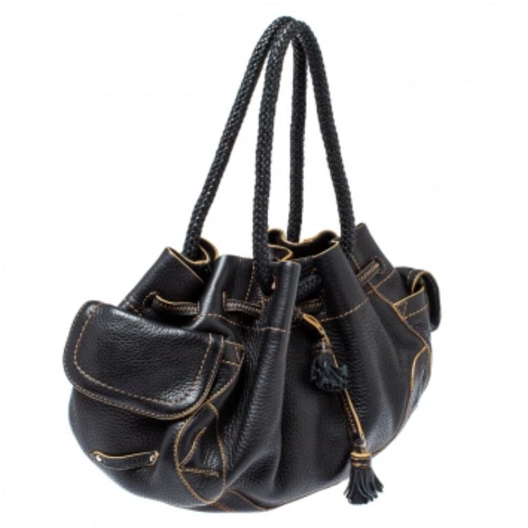 Cole Haan Leather Black Drawstring Braided Handle Hobo (Hobo à poignée tressée en cuir) en vente 1