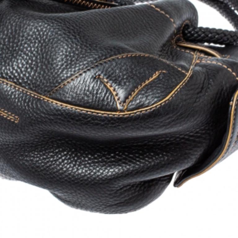 Cole Haan Leather Black Drawstring Braided Handle Hobo (Hobo à poignée tressée en cuir) en vente 4