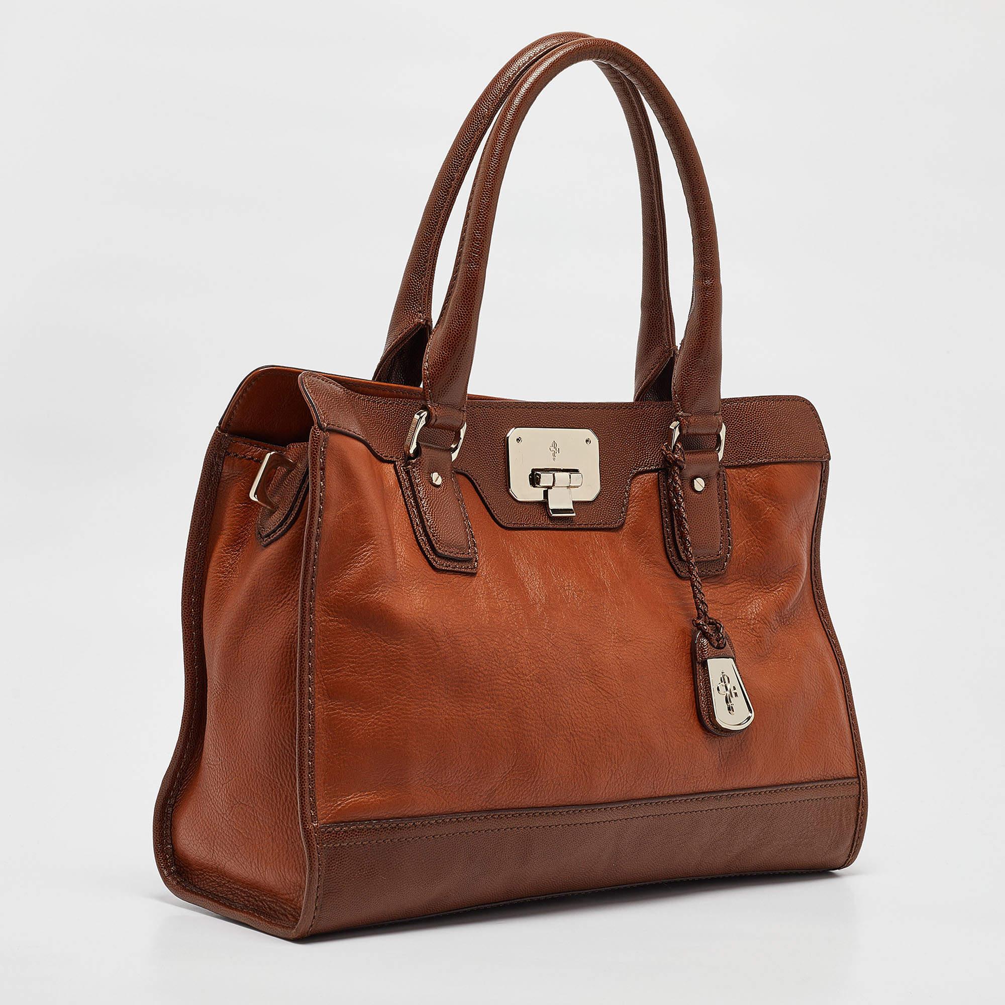 Cole Haan Brown Leather Vintage Valise Novelty Kendra Tote In Good Condition In Dubai, Al Qouz 2