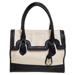 Used Cole Haan Cream/Black Canvas And Wingtip Leather Flap Brooke Tote