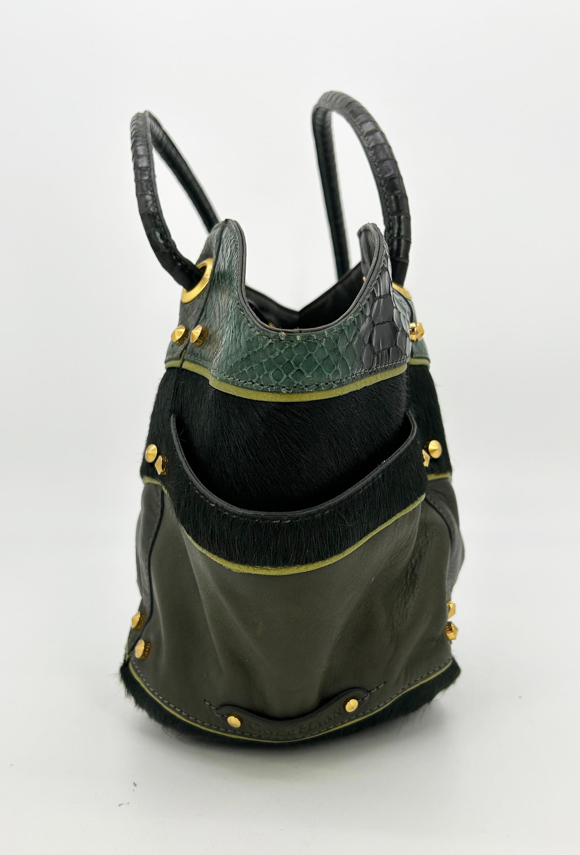 Cole Haan Goldfish Bag Vintage Pony Hair Python Leather Tote c2000s in excellent condition. Mixed media exterior in varying shades of green with pony hair, python snakeskin and smooth lambskin leather. Light green leather piped edges for the perfect