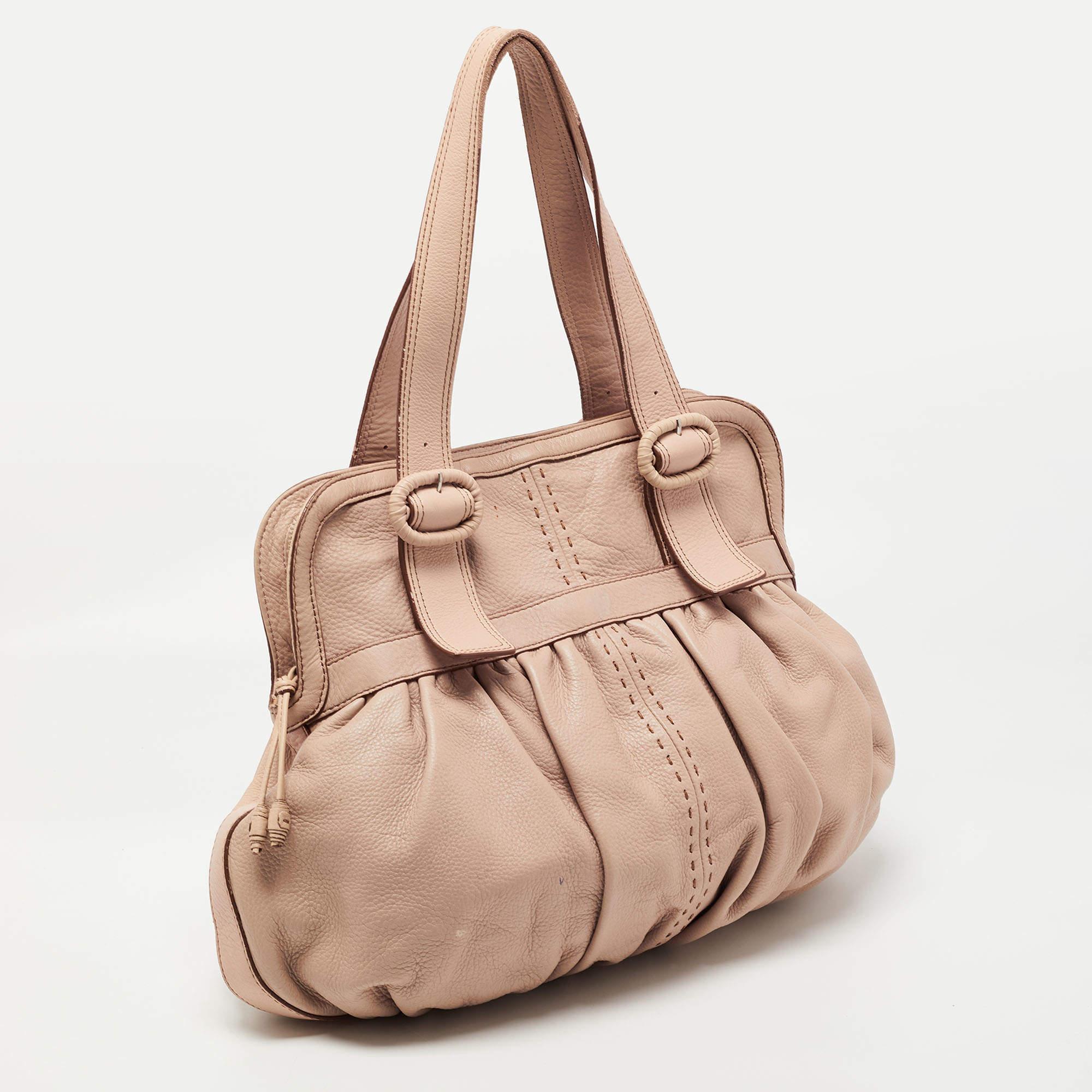 Beige Cole Haan Light Pink Leather Pleated Hobo For Sale
