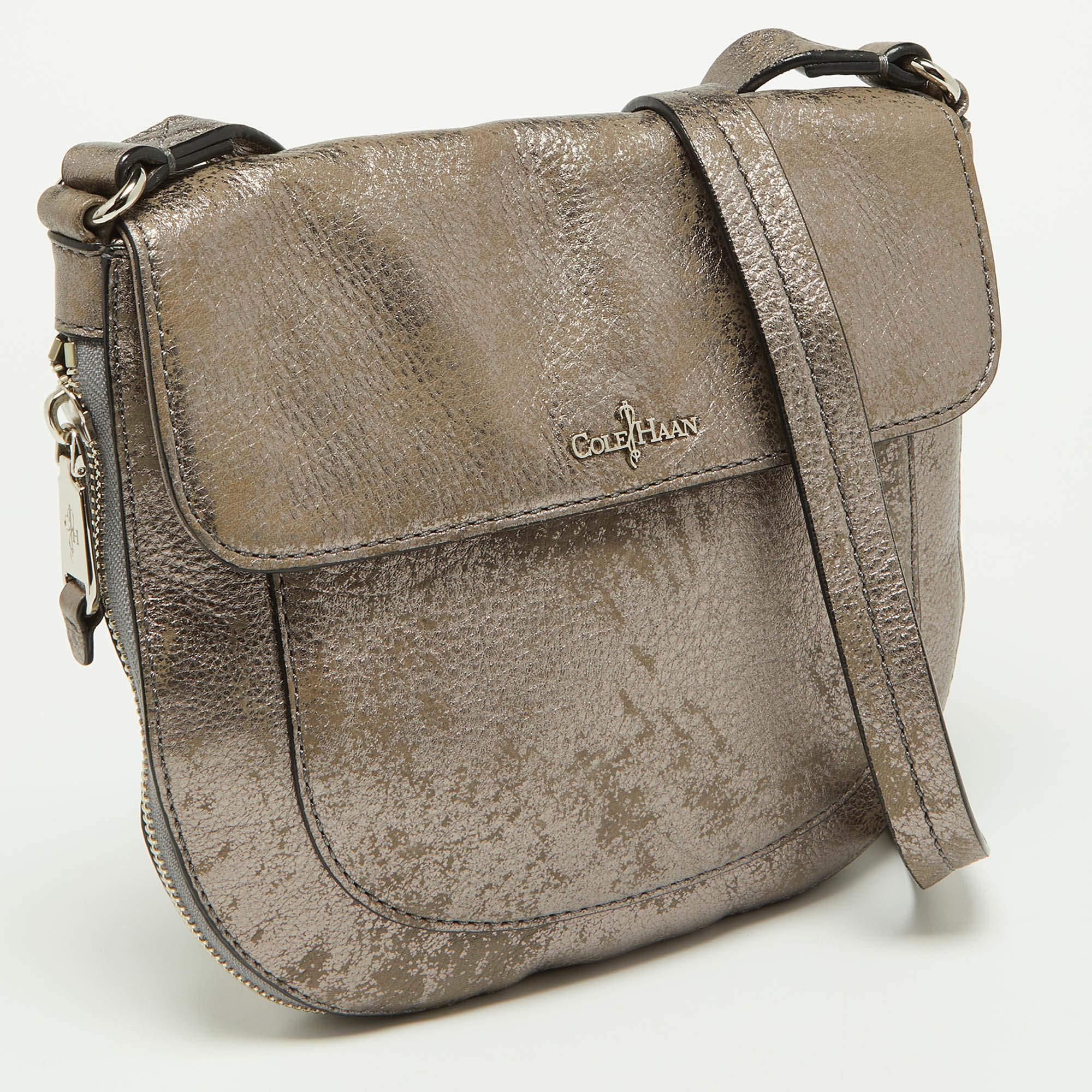 Brown Cole Haan Metallic Grey Leather Flap Zip Round Crossbody Bag For Sale