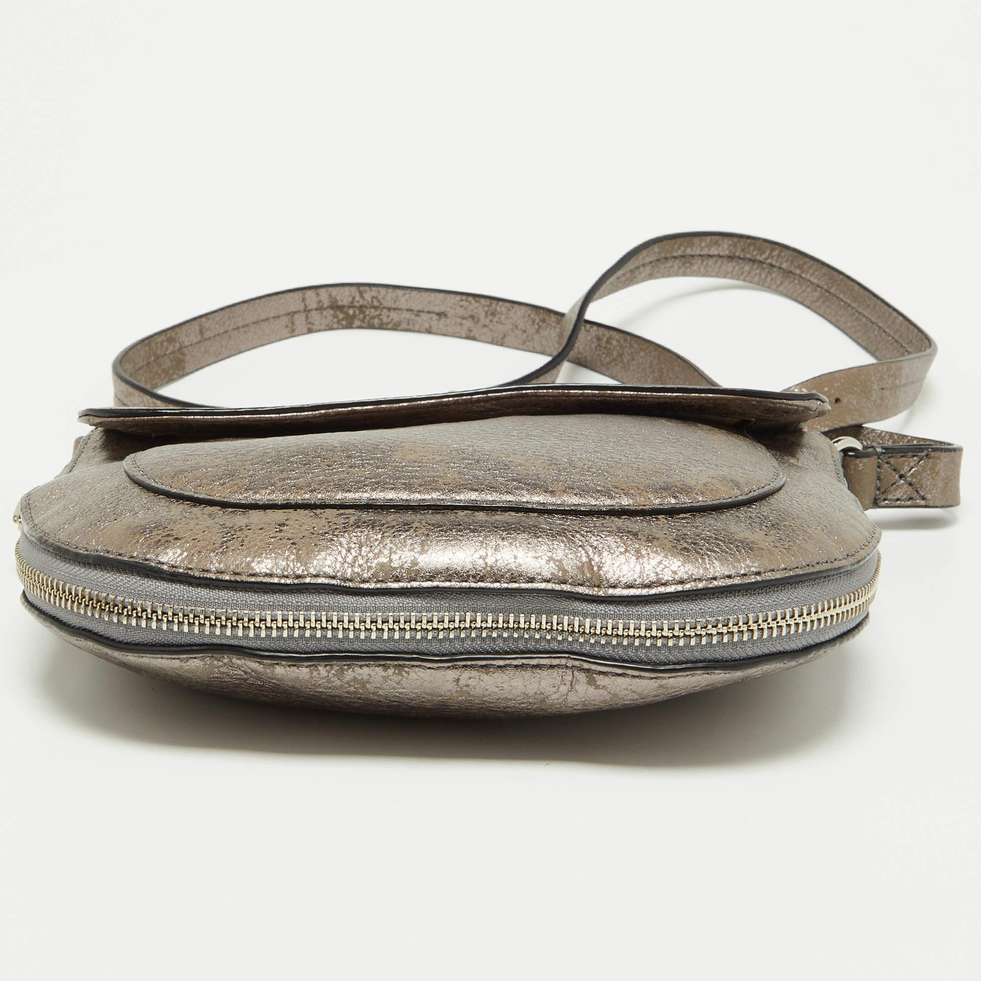Cole Haan Metallic Grey Leather Flap Zip Round Crossbody Bag For Sale 1