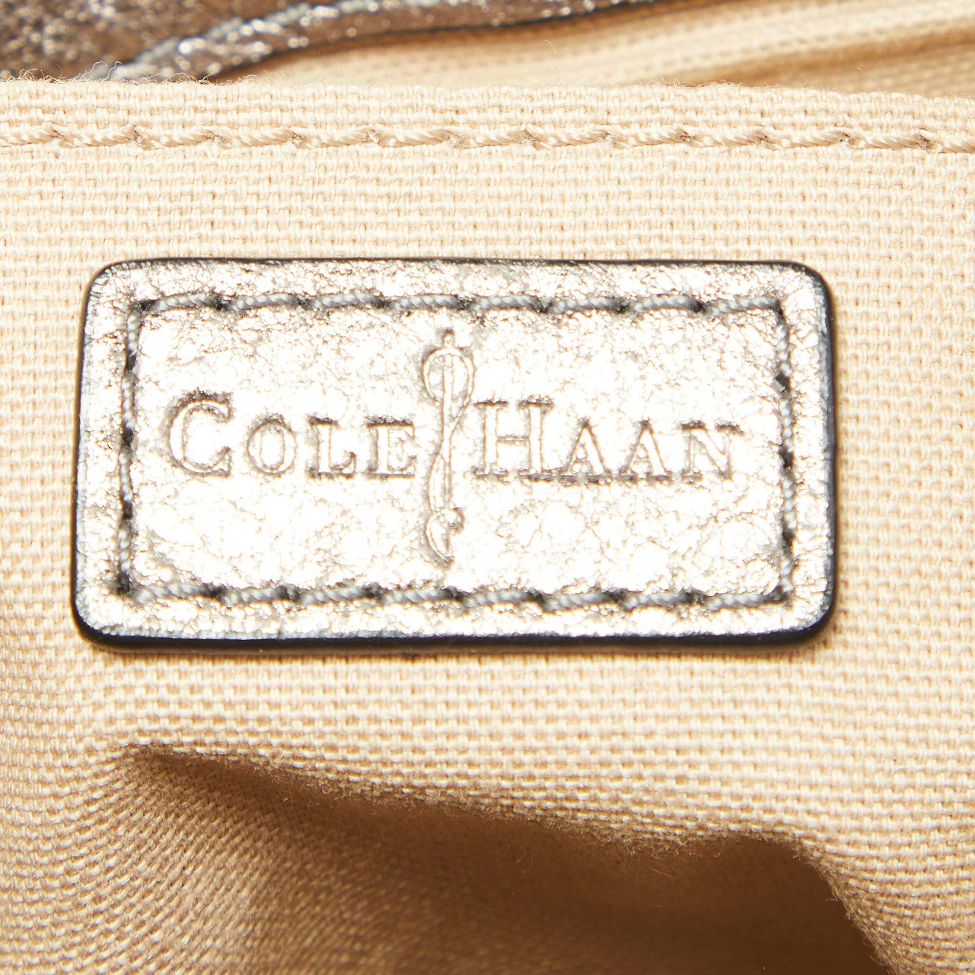 Cole Haan Metallic Grey Leather Flap Zip Round Crossbody Bag For Sale 3