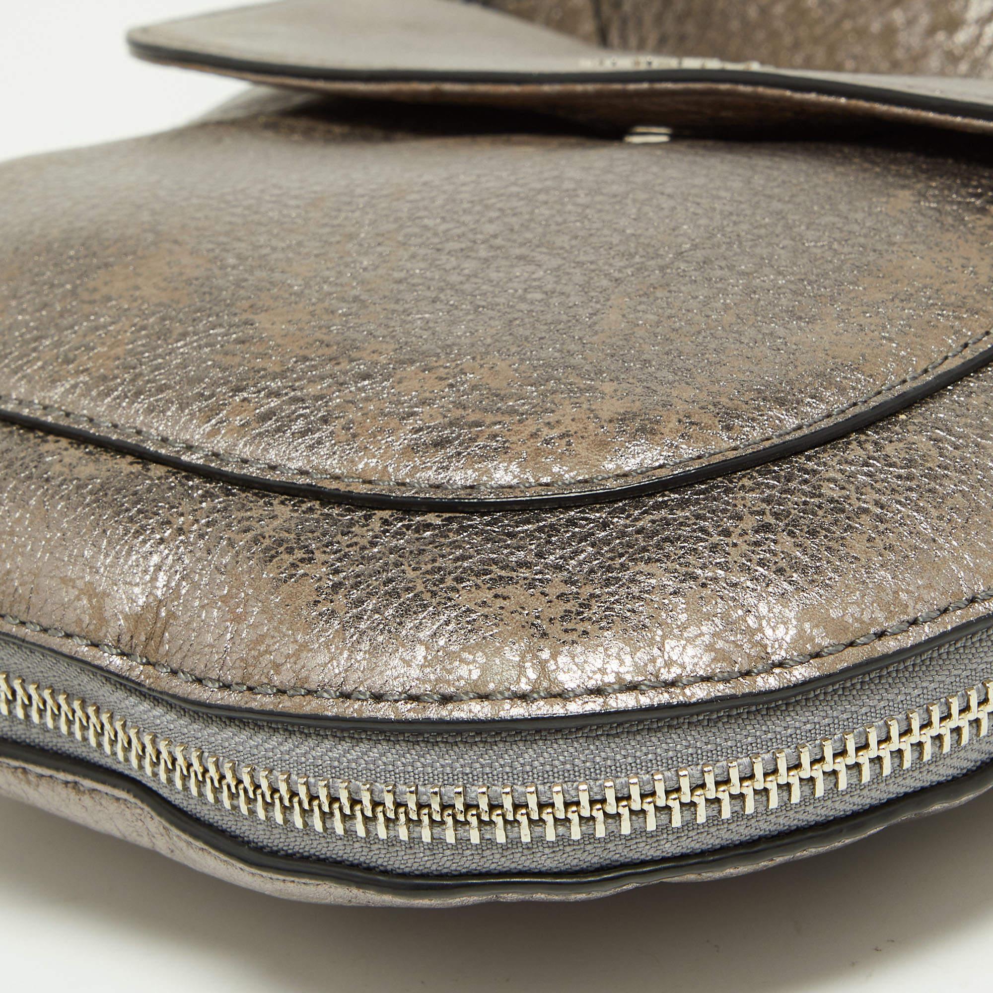 Cole Haan Metallic Grey Leather Flap Zip Round Crossbody Bag For Sale 4