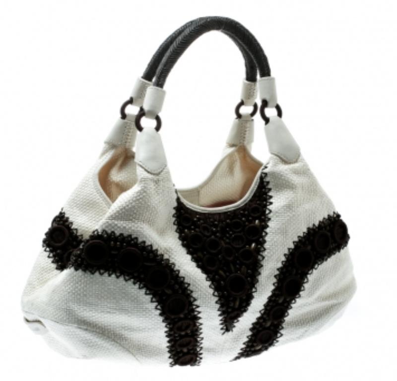 Cole Haan - Borsa con perline in pelle intrecciata bianca/marrone in vendita 3