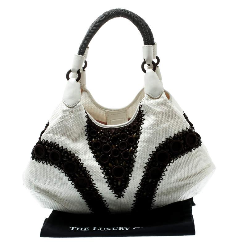 Cole Haan White/Brown Woven Leather Beaded Hobo 3