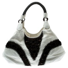 Cole Haan White/Brown Woven Leather Beaded Hobo