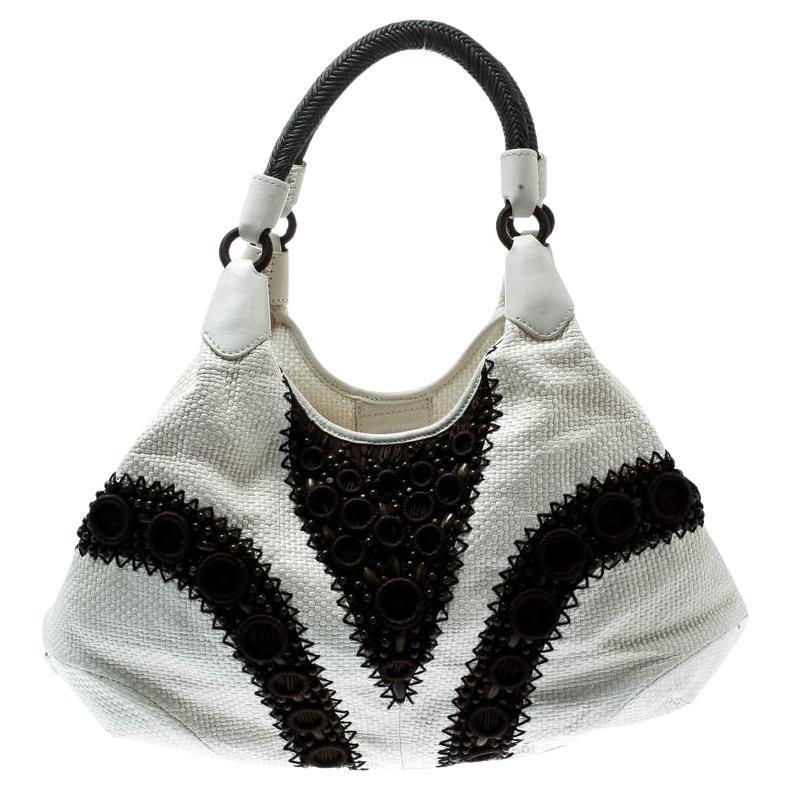 Cole Haan White/Brown Woven Leather Beaded Hobo For Sale
