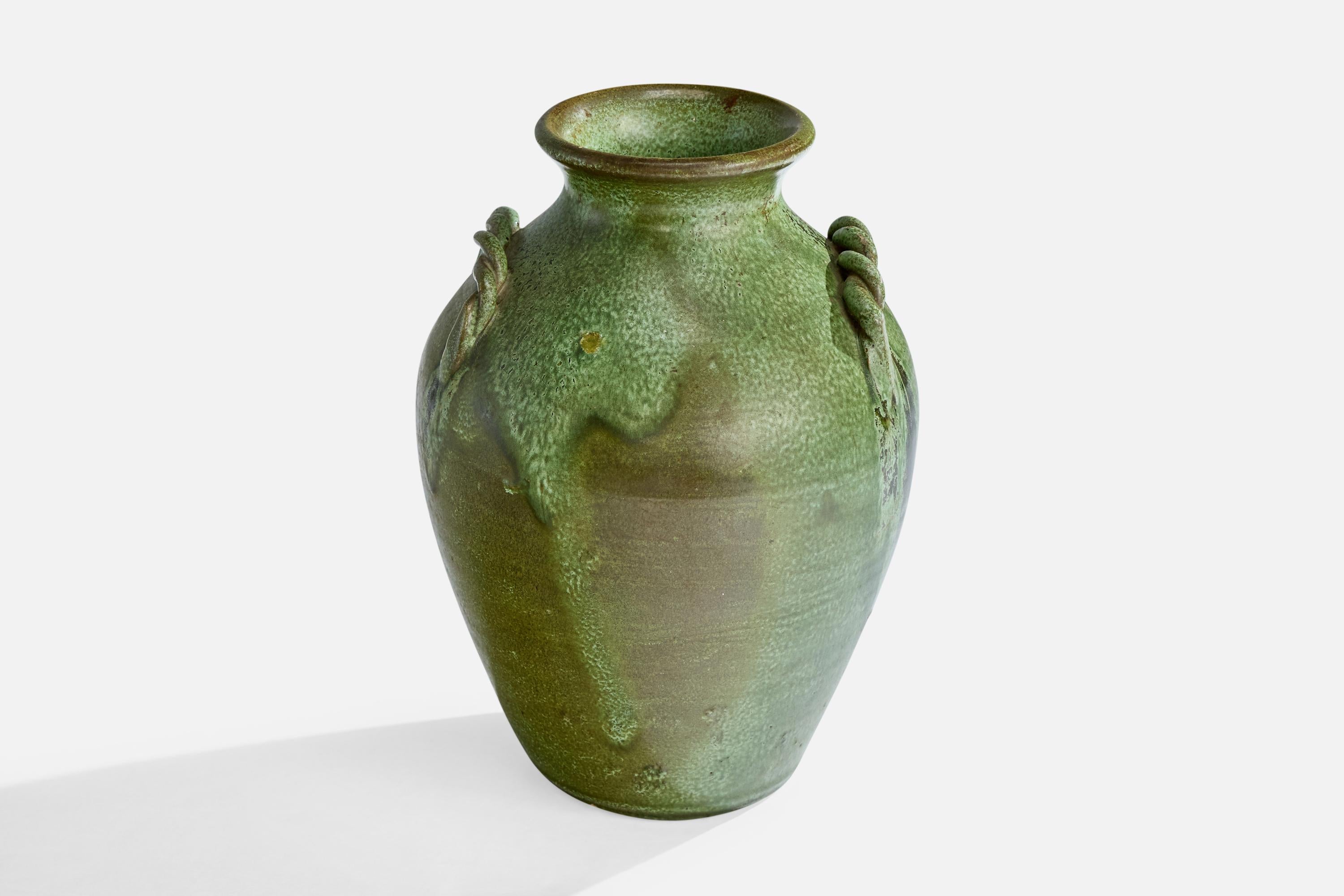 A green-glazed ceramic vase designed and produced by Cole Pottery, North Carolina, USA, 1940s.

Overall Dimensions (inches): 8.25