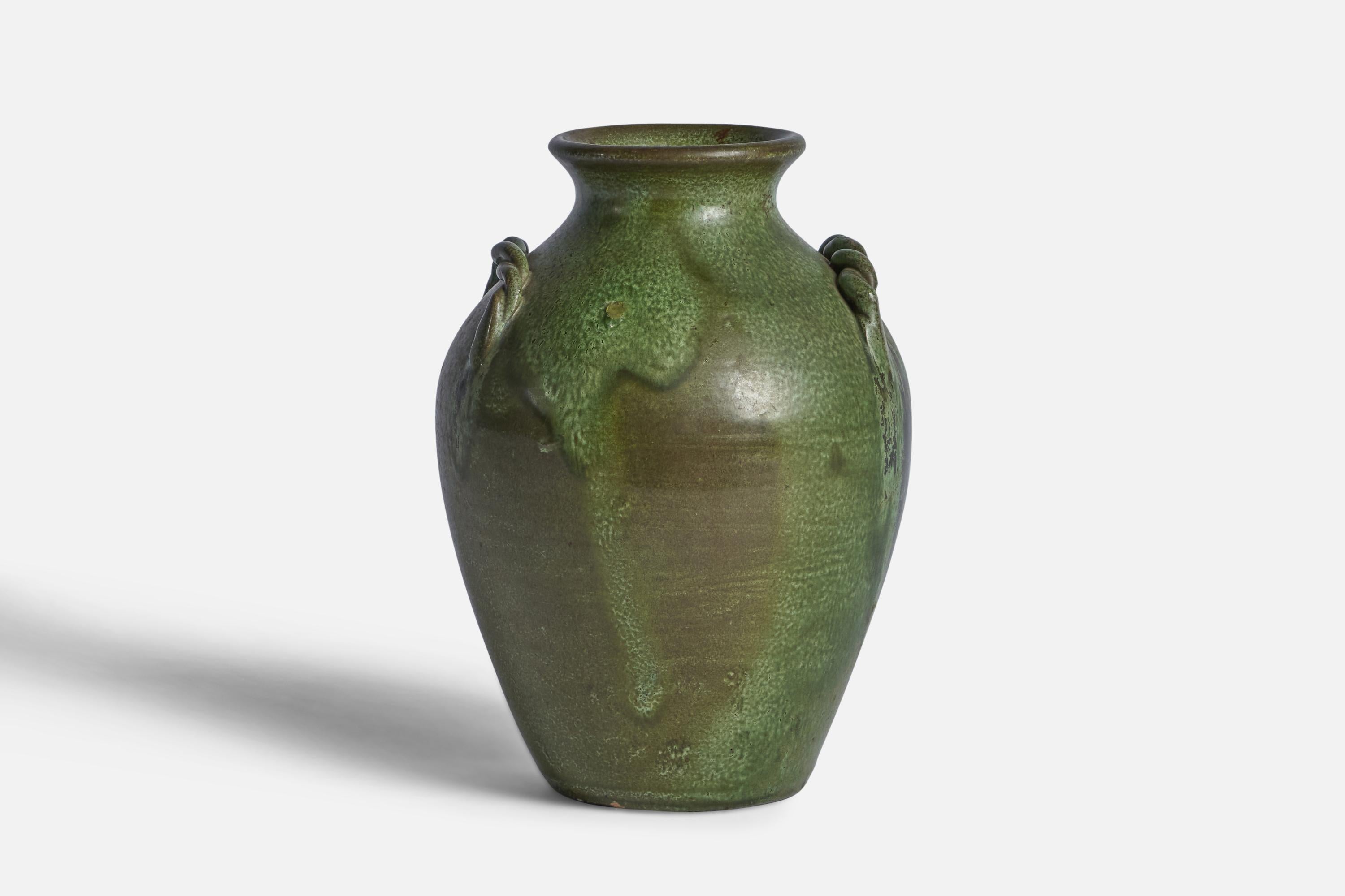 A green-glazed earthenware vase designed and produced by Cole Pottery, North Carolina, USA, 1940s.