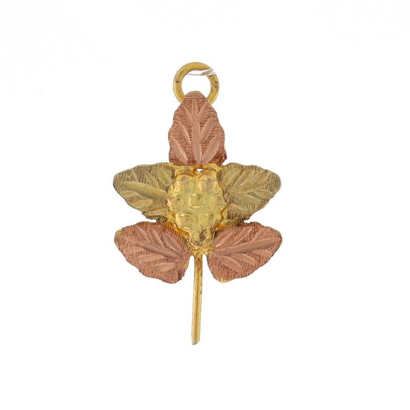 Brand: Coleman Co.
Design: Black Hills Gold

Metal Content: 14k Yellow Gold, 14k Rose Gold, & 14k Green Gold

Theme: Grape Cluster Leaf Spray
Features: Etched Detailing

Measurements
Tall (from stationary bail): 5/8