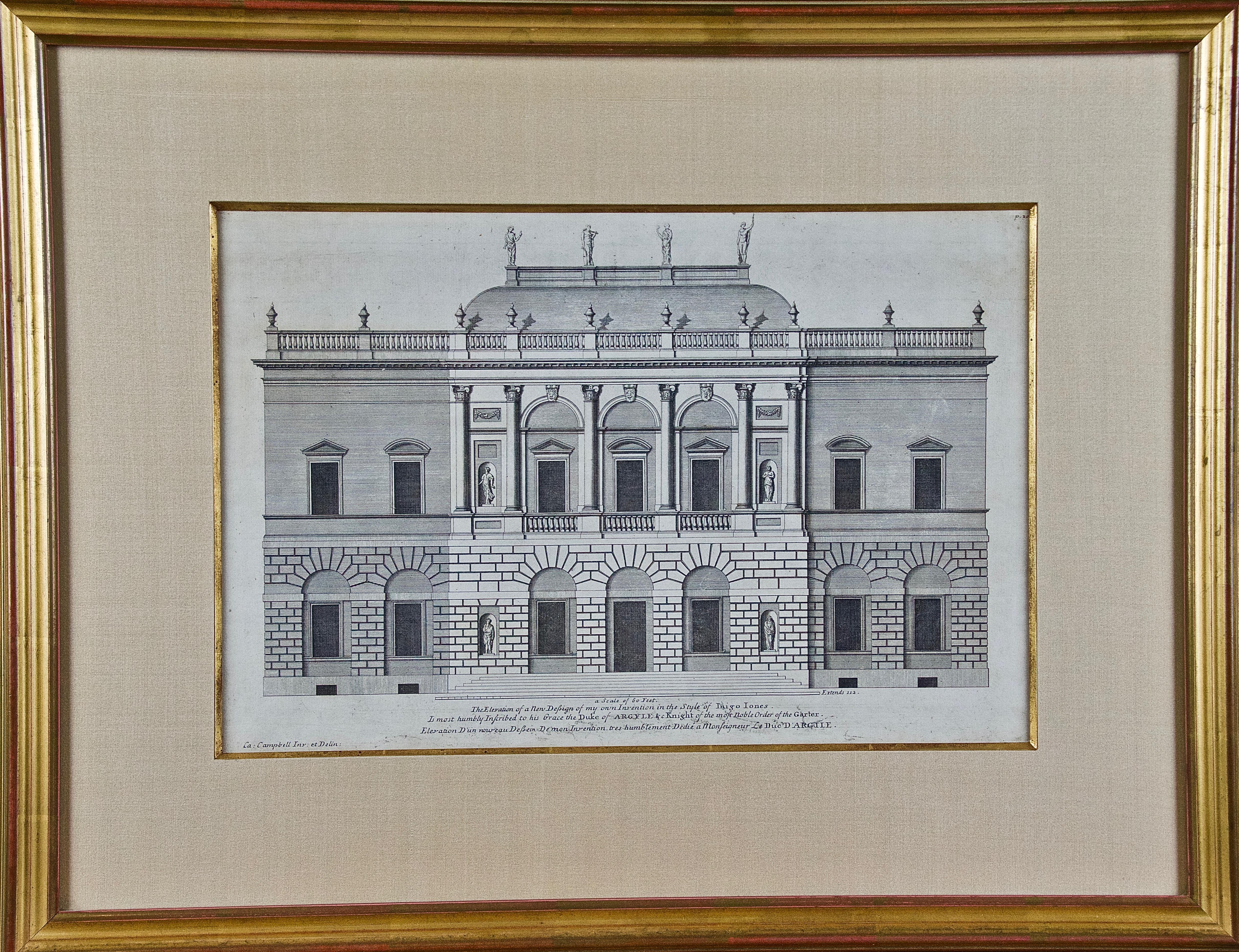 18th C. Architectural Engraving from "Vitruvius Britannicus" by Colen Campbell 