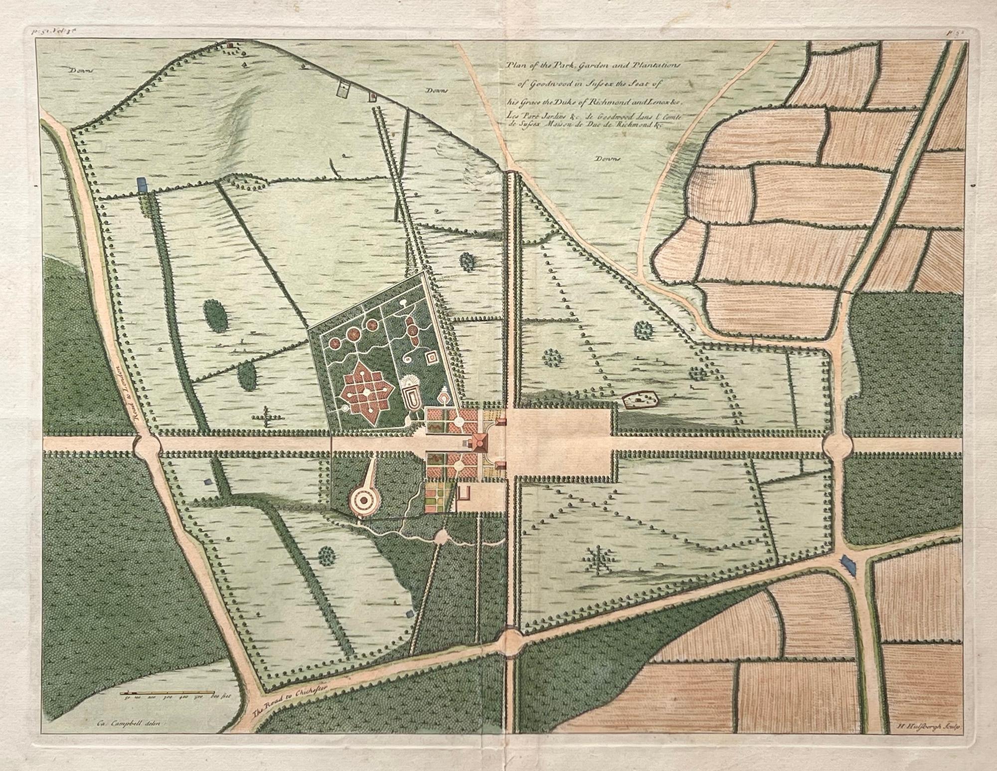 Plano del parque, jardín y plantaciones de Goodwood, grabado del siglo XVIII