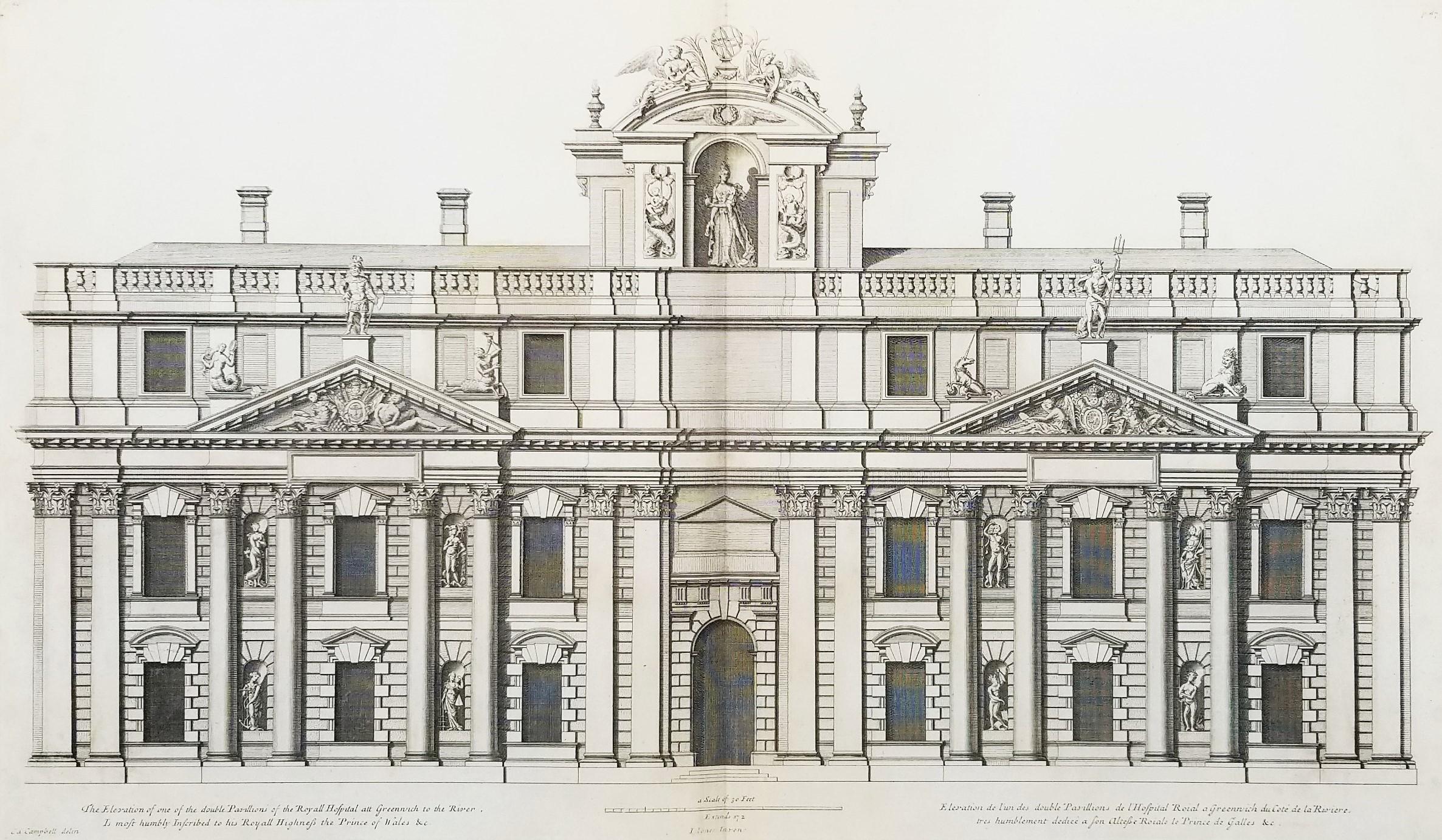 Royal Hospital di Greenwich verso il fiume /// Incisione "Vitruvius Britannicus