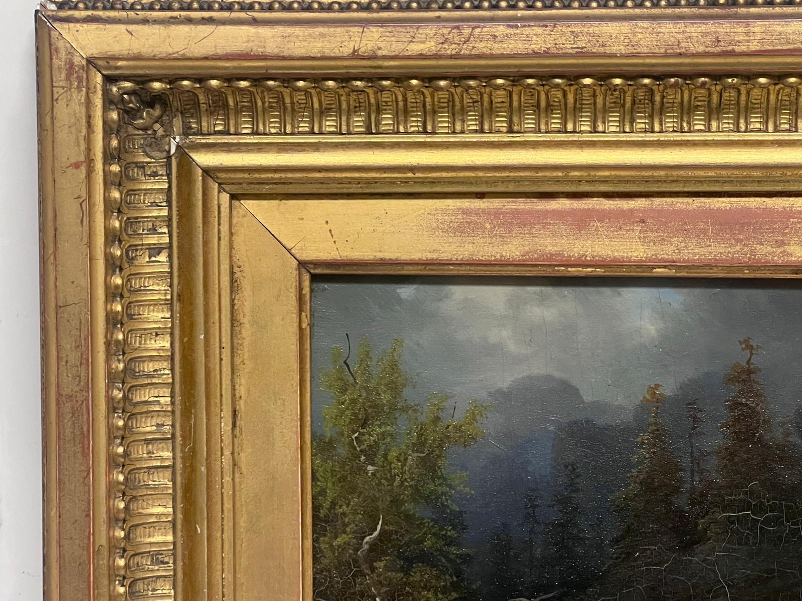 19th Century German Forest River Valley Landscape Antique Framed Oil Painting - Brown Landscape Painting by Colestin Brugner