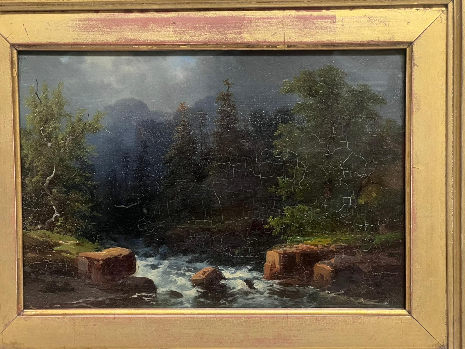 The River Valley
by Colestin Brugner (German, 1824-1887)
signed lower corner
oil on board, framed in antique gilt frame
glass over painting
framed: 11 x 13 inches
painting: 6 x 8.25 inches
provenance: private collection
condition: very good and